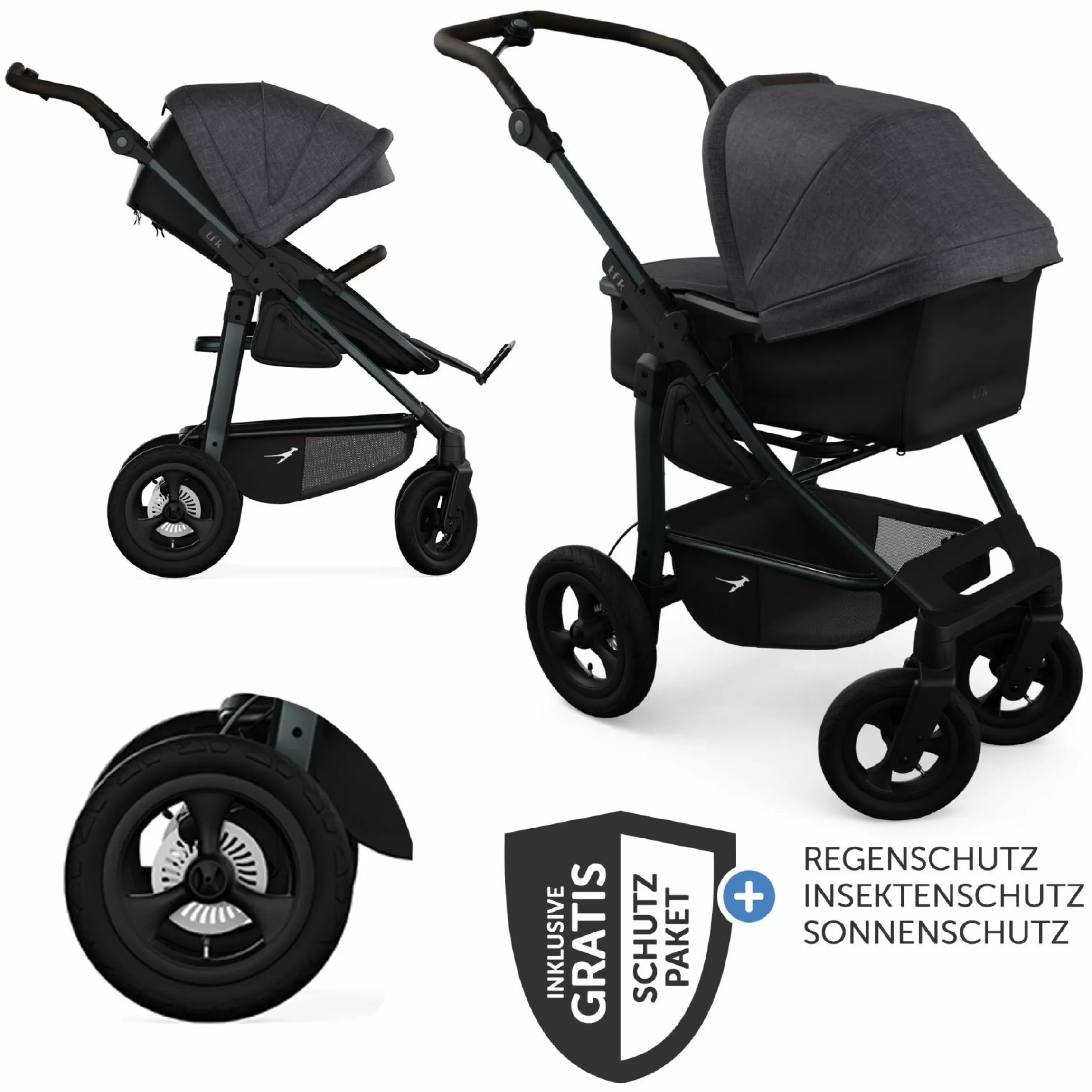 Kombi-Kinderwagen Mono 4 Luftreifen inkl. Kombi-Einheit (Babywanne+Sitz) mit Liegeposition & XXL Zubehörpaket - Premium Schwarz