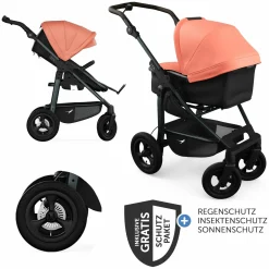 Kombi-Kinderwagen Mono 4 Luftreifen inkl. Kombi-Einheit (Babywanne+Sitz) mit Liegeposition & XXL Zubehörpaket - Lachs
