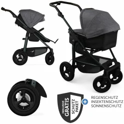 Kombi-Kinderwagen Mono 4 Luftreifen inkl. Kombi-Einheit (Babywanne+Sitz) mit Liegeposition & XXL Zubehörpaket - Premium Grau