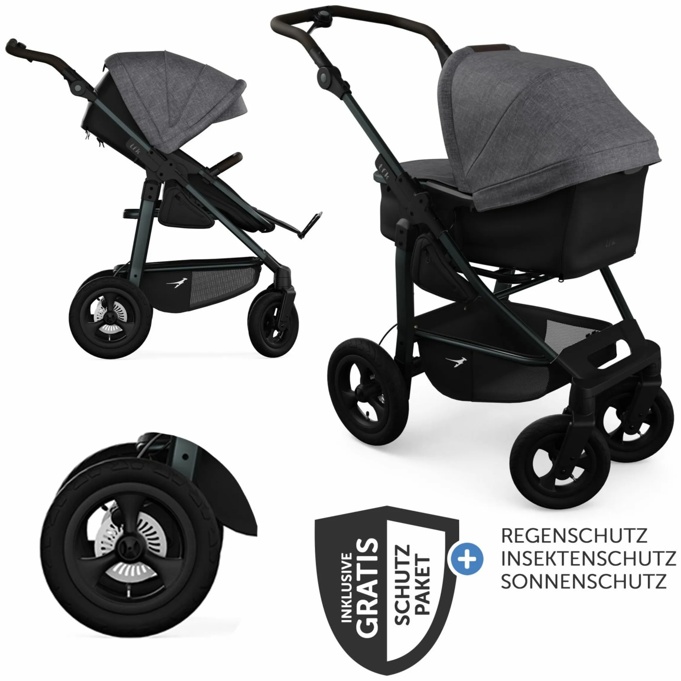 Kombi-Kinderwagen Mono 4 Luftreifen inkl. Kombi-Einheit (Babywanne+Sitz) mit Liegeposition & XXL Zubehörpaket - Premium Grau