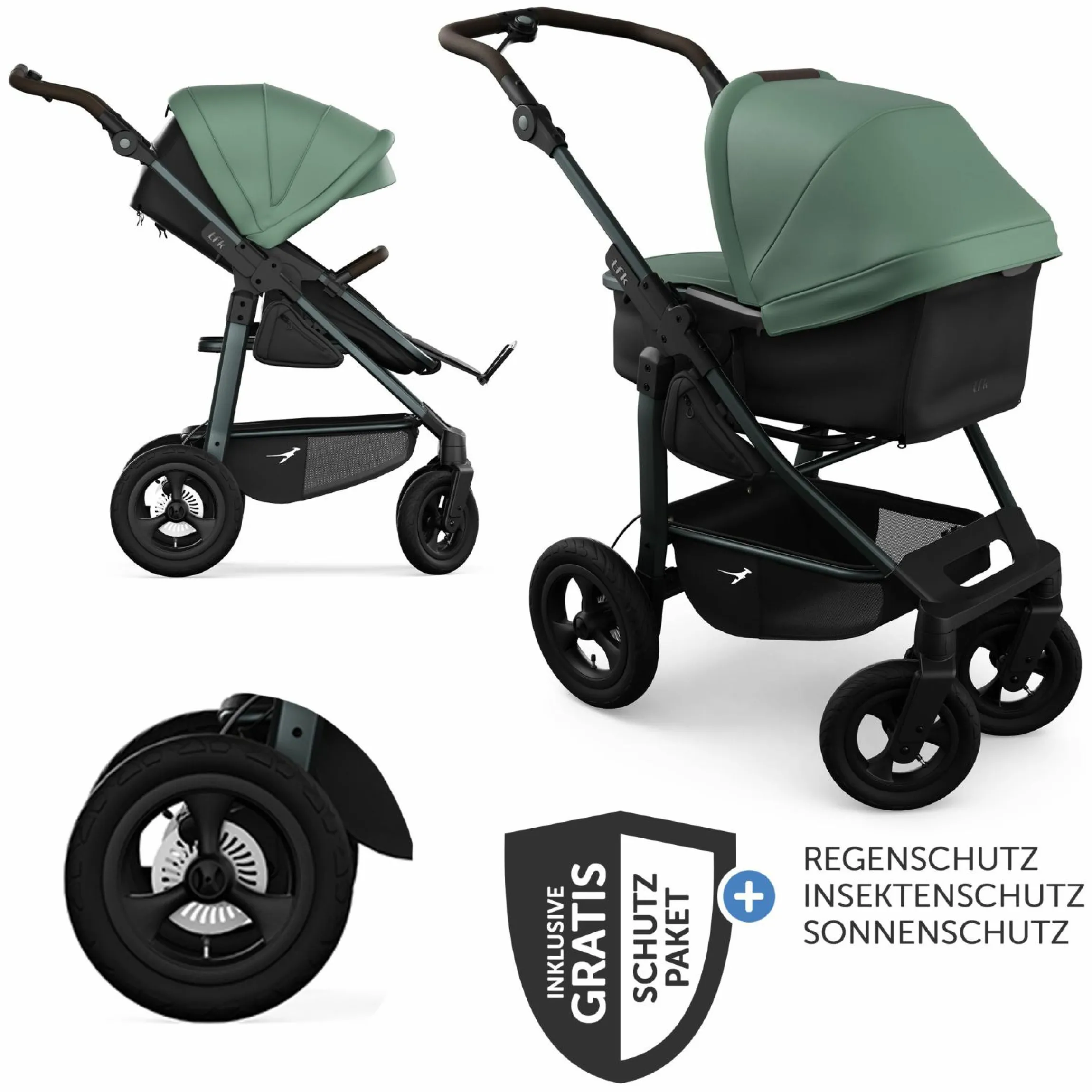 Kombi-Kinderwagen Mono 4 Luftreifen inkl. Kombi-Einheit (Babywanne+Sitz) mit Liegeposition & XXL Zubehörpaket - Olive