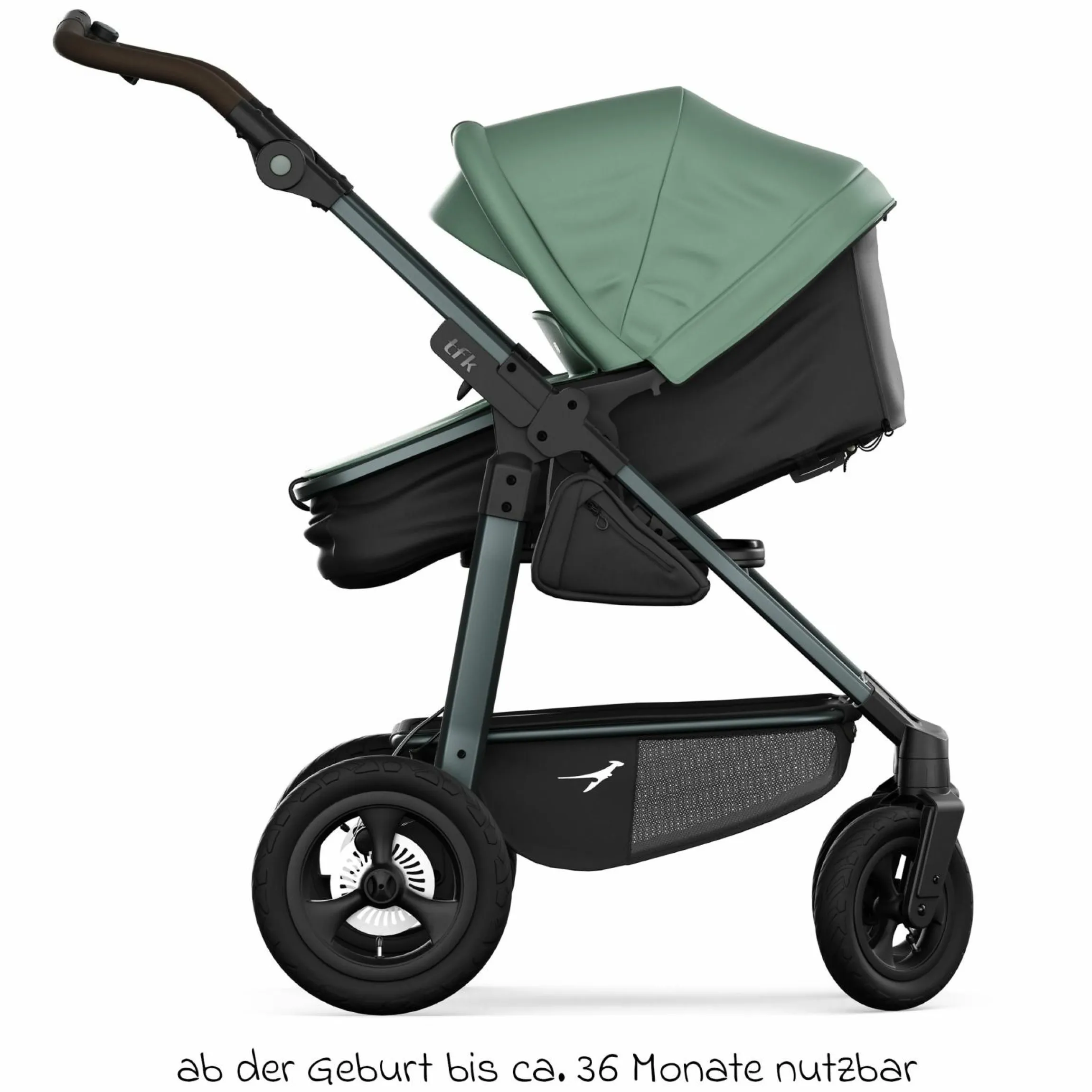 Kombi-Kinderwagen Mono 4 Luftreifen inkl. Kombi-Einheit (Babywanne+Sitz) mit Liegeposition & XXL Zubehörpaket - Olive