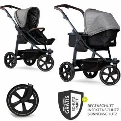 Kombi-Kinderwagen Mono 2 Luftkammerreifen inkl. Kombi-Einheit (Babywanne + Sitz) mit Liegeposition&XXL Zubehör - Pr. Grau