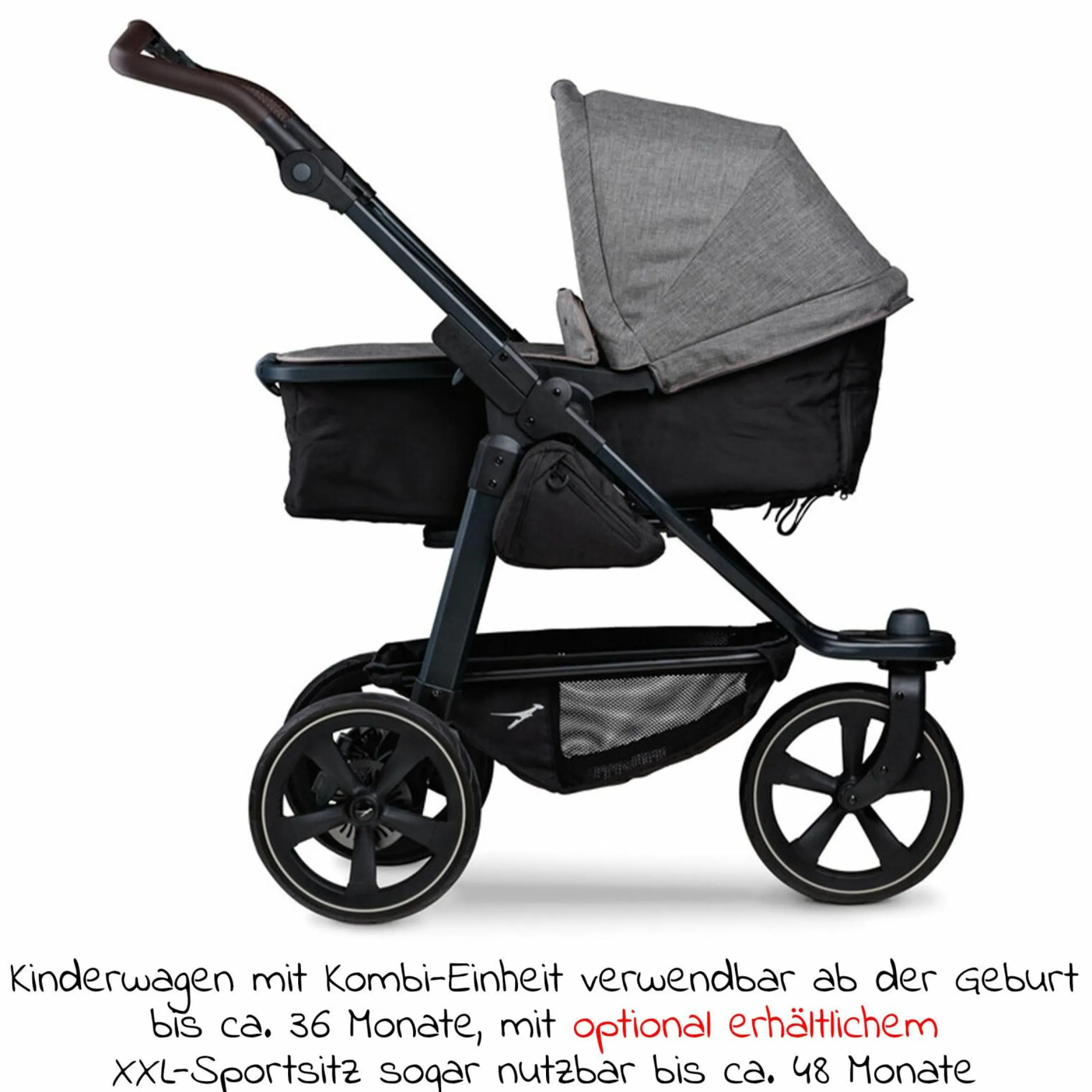 Kombi-Kinderwagen Mono 2 Luftkammerreifen inkl. Kombi-Einheit (Babywanne + Sitz) mit Liegeposition&XXL Zubehör - Pr. Grau