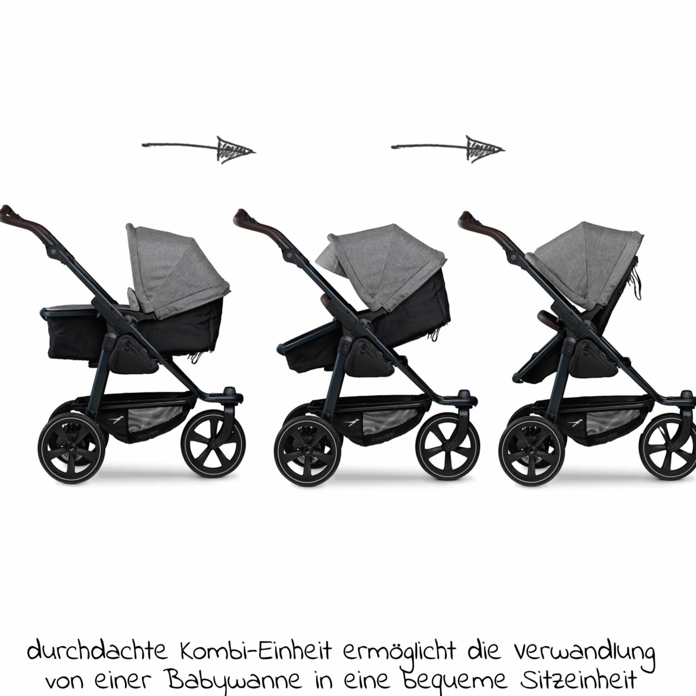 Kombi-Kinderwagen Mono 2 Luftkammerreifen inkl. Kombi-Einheit (Babywanne + Sitz) mit Liegeposition&XXL Zubehör - Pr. Grau
