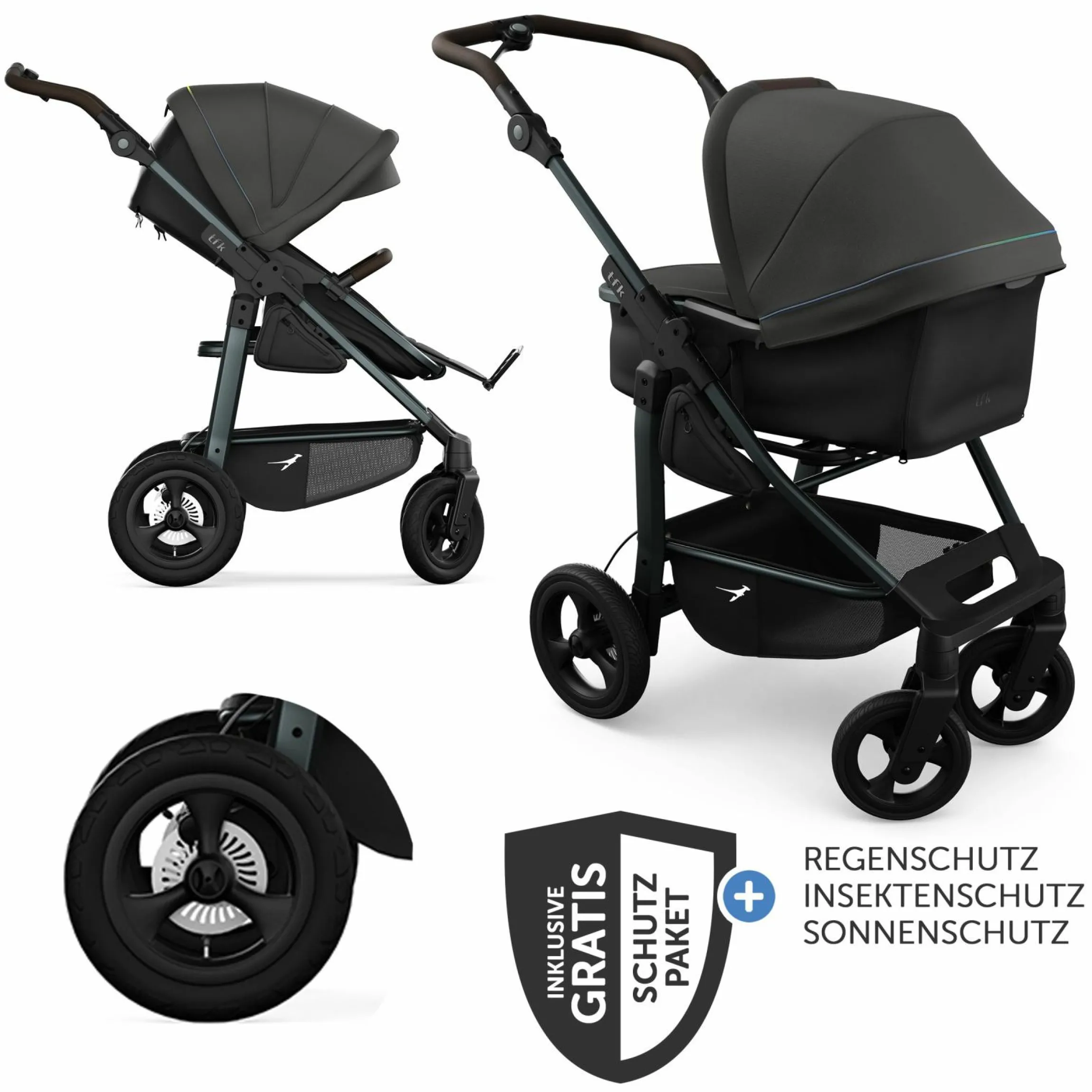Kombi-Kinderwagen Mono 4 Luftreifen inkl. Kombi-Einheit (Babywanne+Sitz) mit Liegeposition & XXL Zubehörpaket - Anthrazit