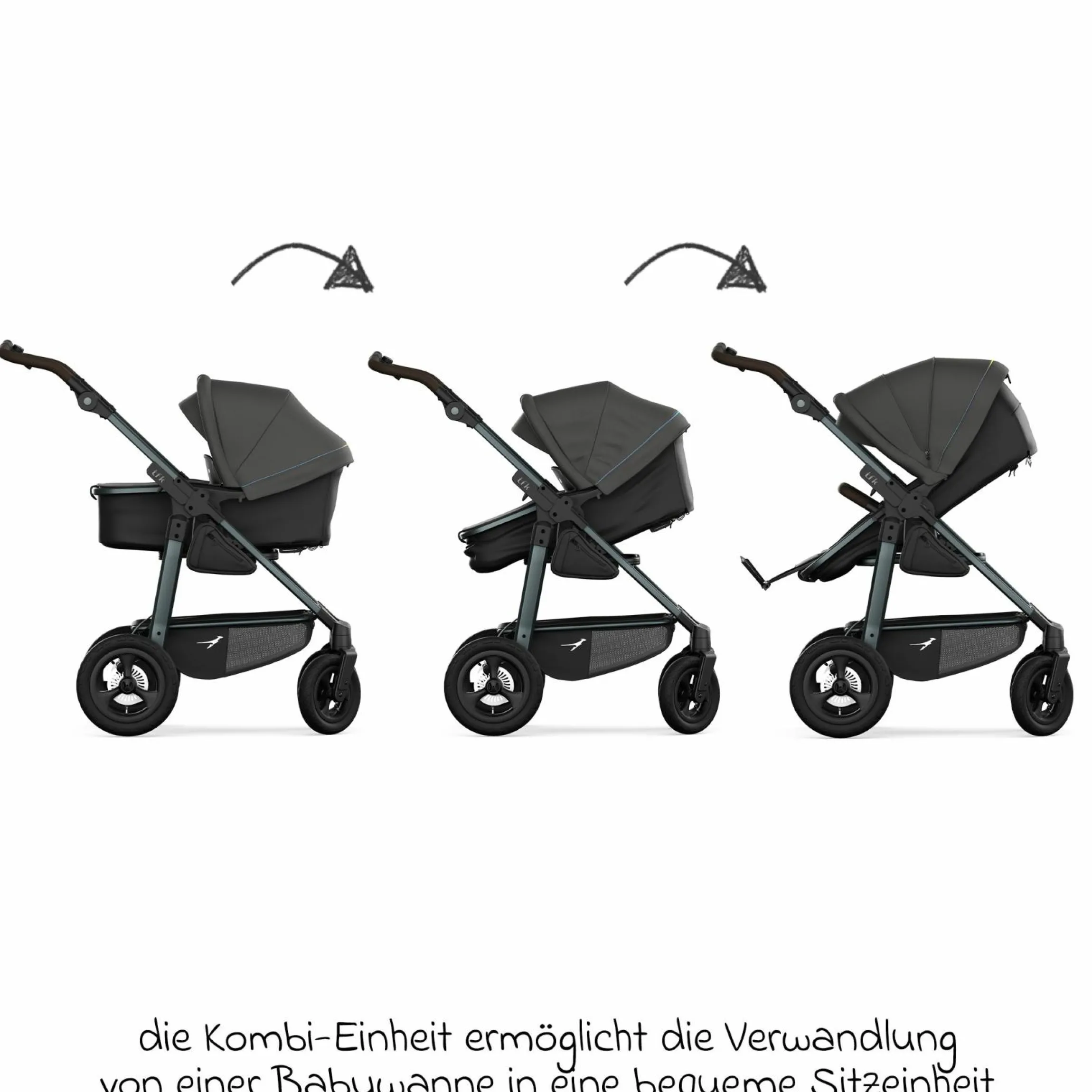 Kombi-Kinderwagen Mono 4 Luftreifen inkl. Kombi-Einheit (Babywanne+Sitz) mit Liegeposition & XXL Zubehörpaket - Anthrazit