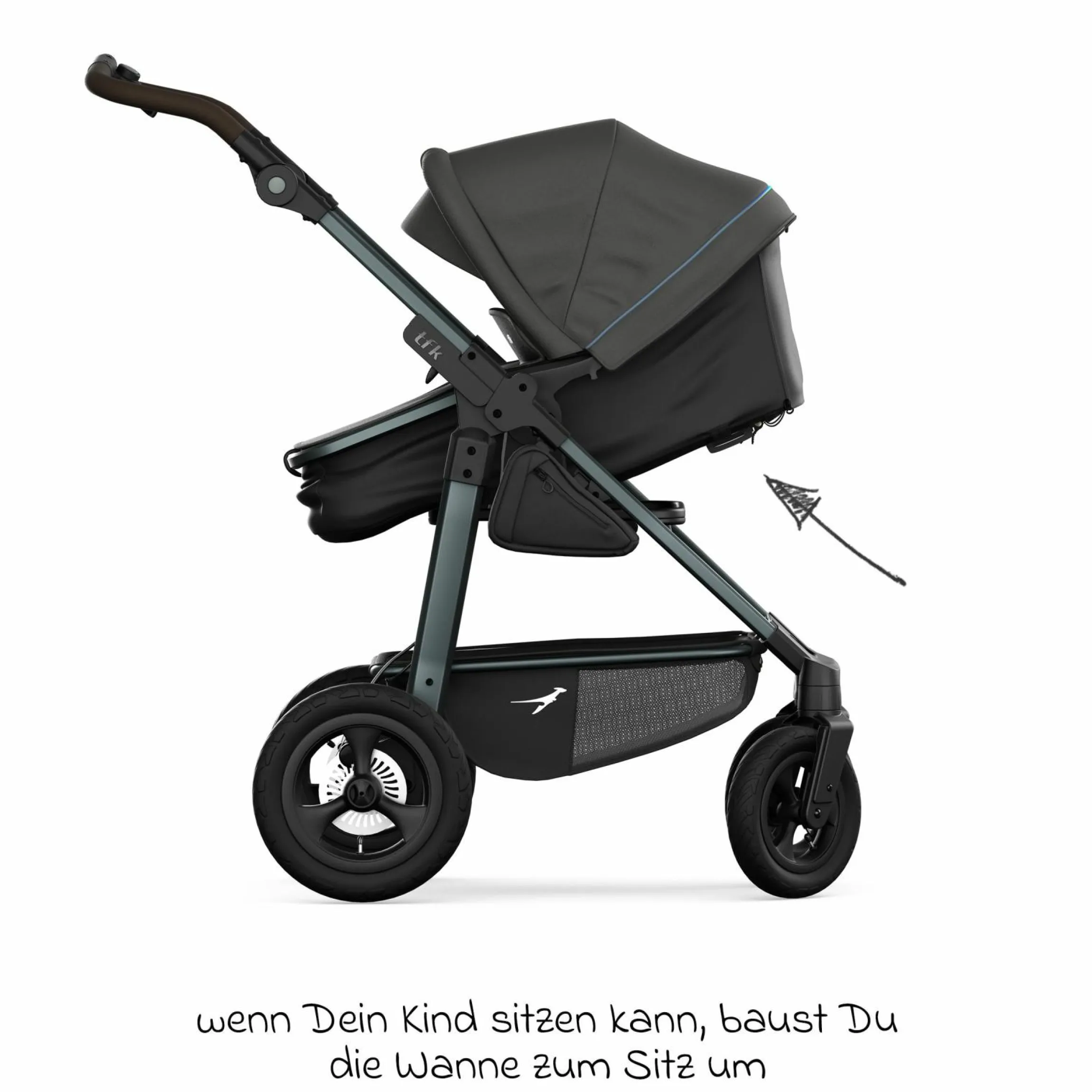 Kombi-Kinderwagen Mono 4 Luftreifen inkl. Kombi-Einheit (Babywanne+Sitz) mit Liegeposition & XXL Zubehörpaket - Anthrazit