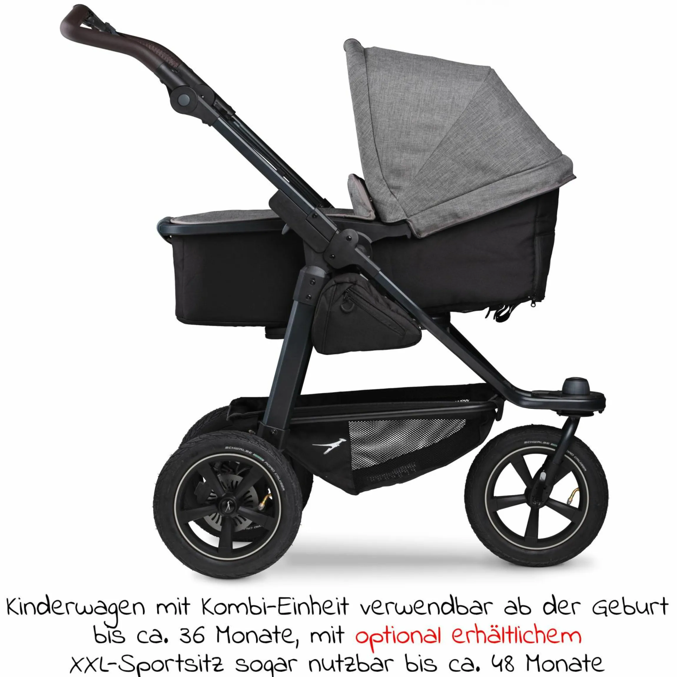 Kombi-Kinderwagen Mono 2 Luftreifen inkl. Kombi-Einheit (Babywanne+Sitz) mit Liegeposition & XXL Zubehörpaket - Pr. Grau