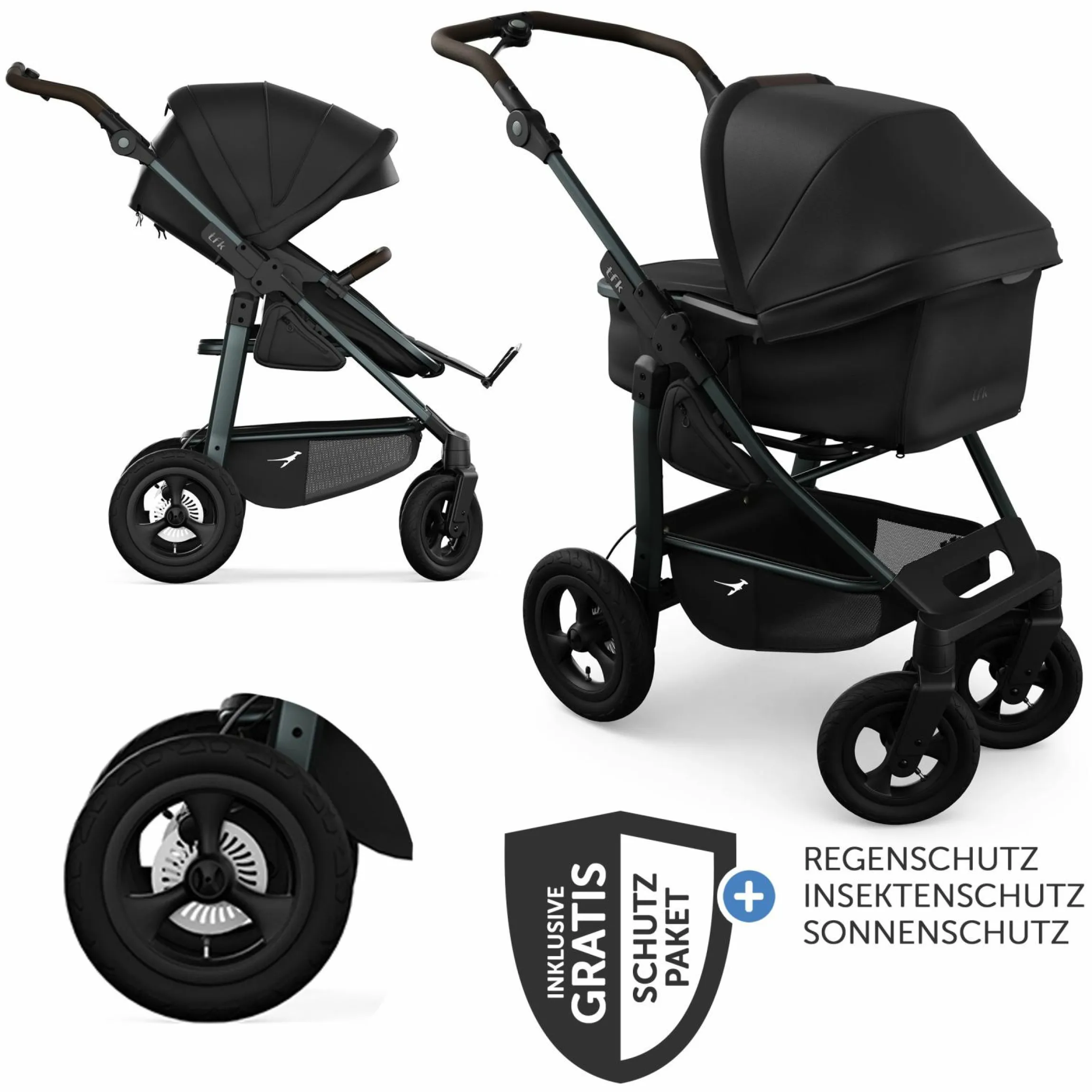 Kombi-Kinderwagen Mono 4 Luftreifen inkl. Kombi-Einheit (Babywanne+Sitz) mit Liegeposition & XXL Zubehörpaket - Schwarz
