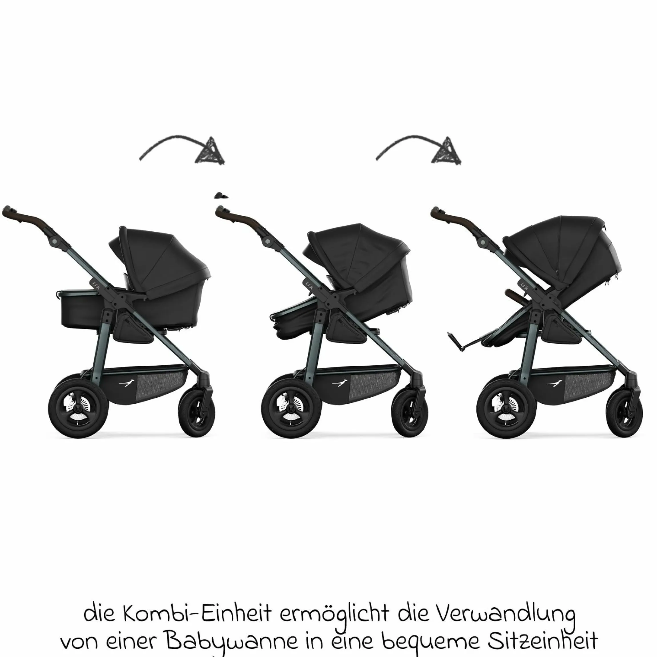 Kombi-Kinderwagen Mono 4 Luftreifen inkl. Kombi-Einheit (Babywanne+Sitz) mit Liegeposition & XXL Zubehörpaket - Schwarz