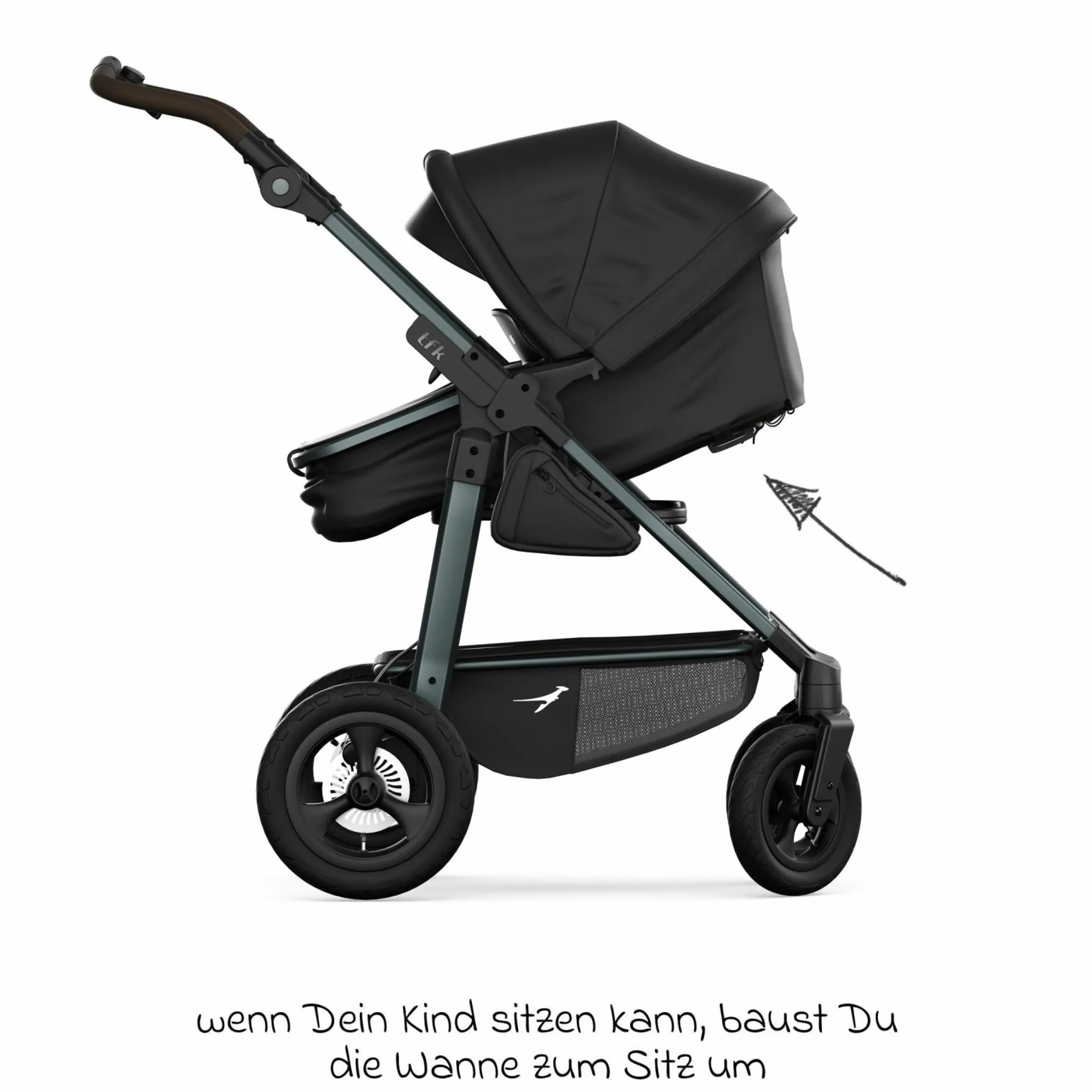 Kombi-Kinderwagen Mono 4 Luftreifen inkl. Kombi-Einheit (Babywanne+Sitz) mit Liegeposition & XXL Zubehörpaket - Schwarz
