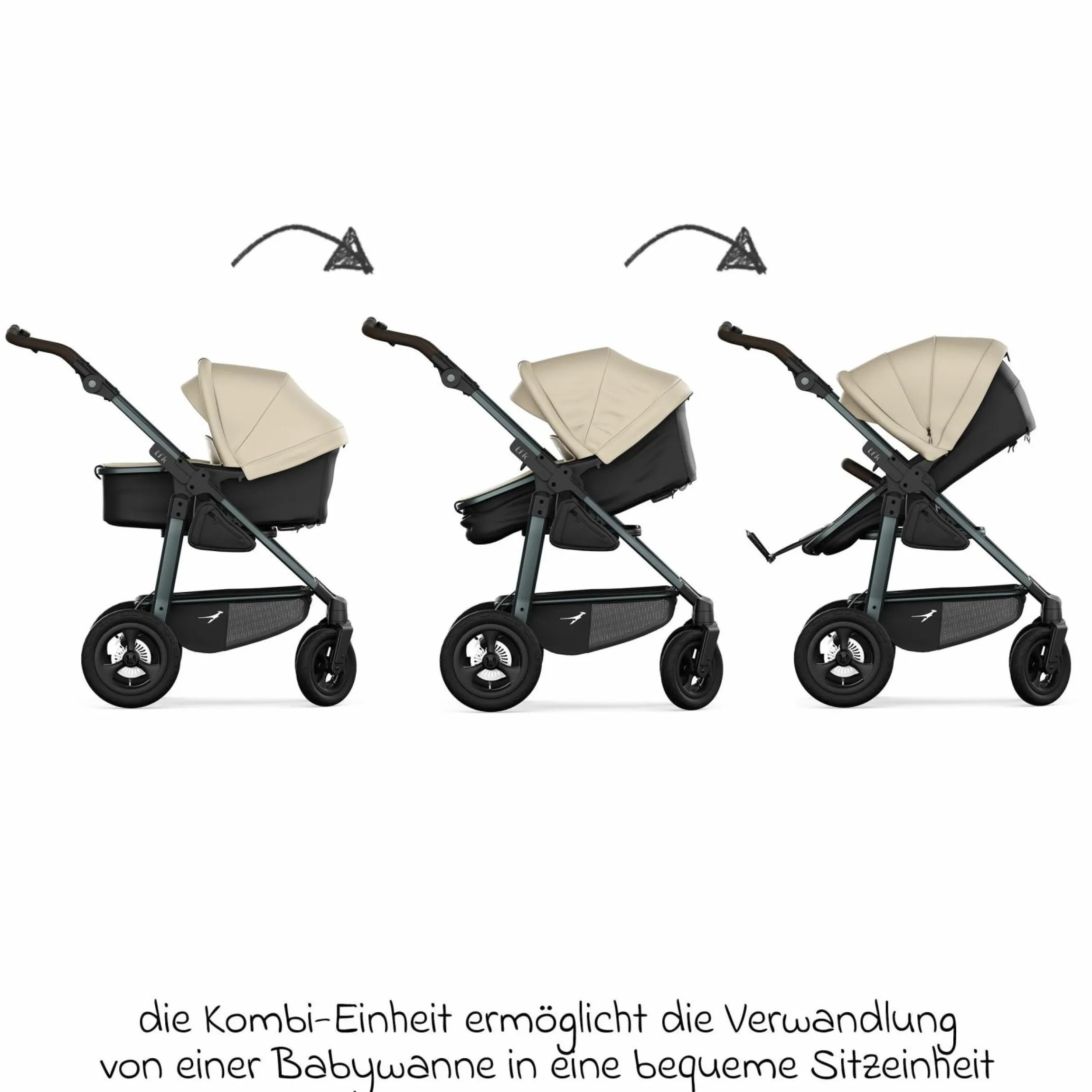 Kombi-Kinderwagen Mono 4 Luftreifen inkl. Kombi-Einheit (Babywanne+Sitz) mit Liegeposition & XXL Zubehörpaket - Sand