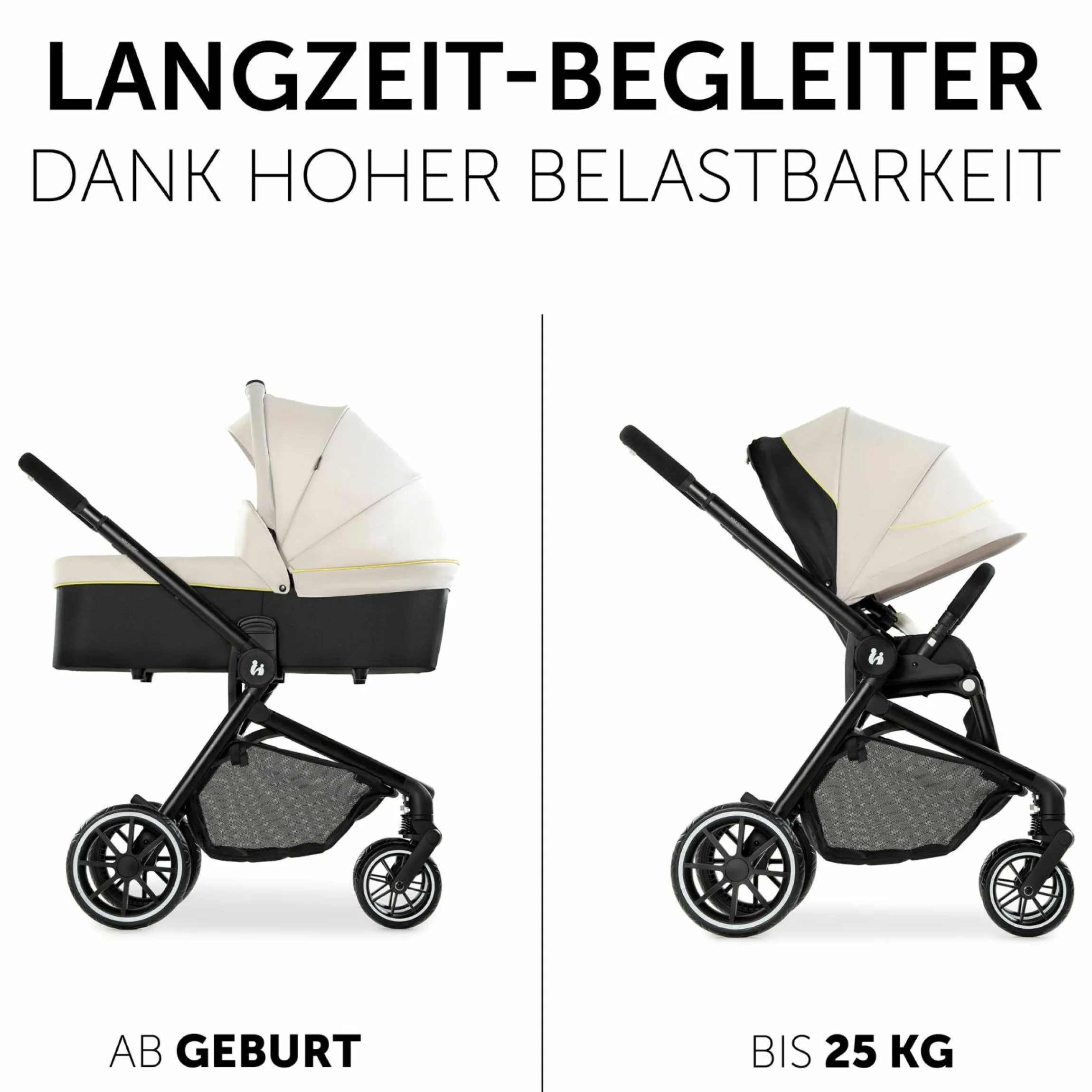 Kombi-Kinderwagen Move so Simply Set inkl. Babywanne & Sportsitz - mit Liegefunktion - Beige Neon