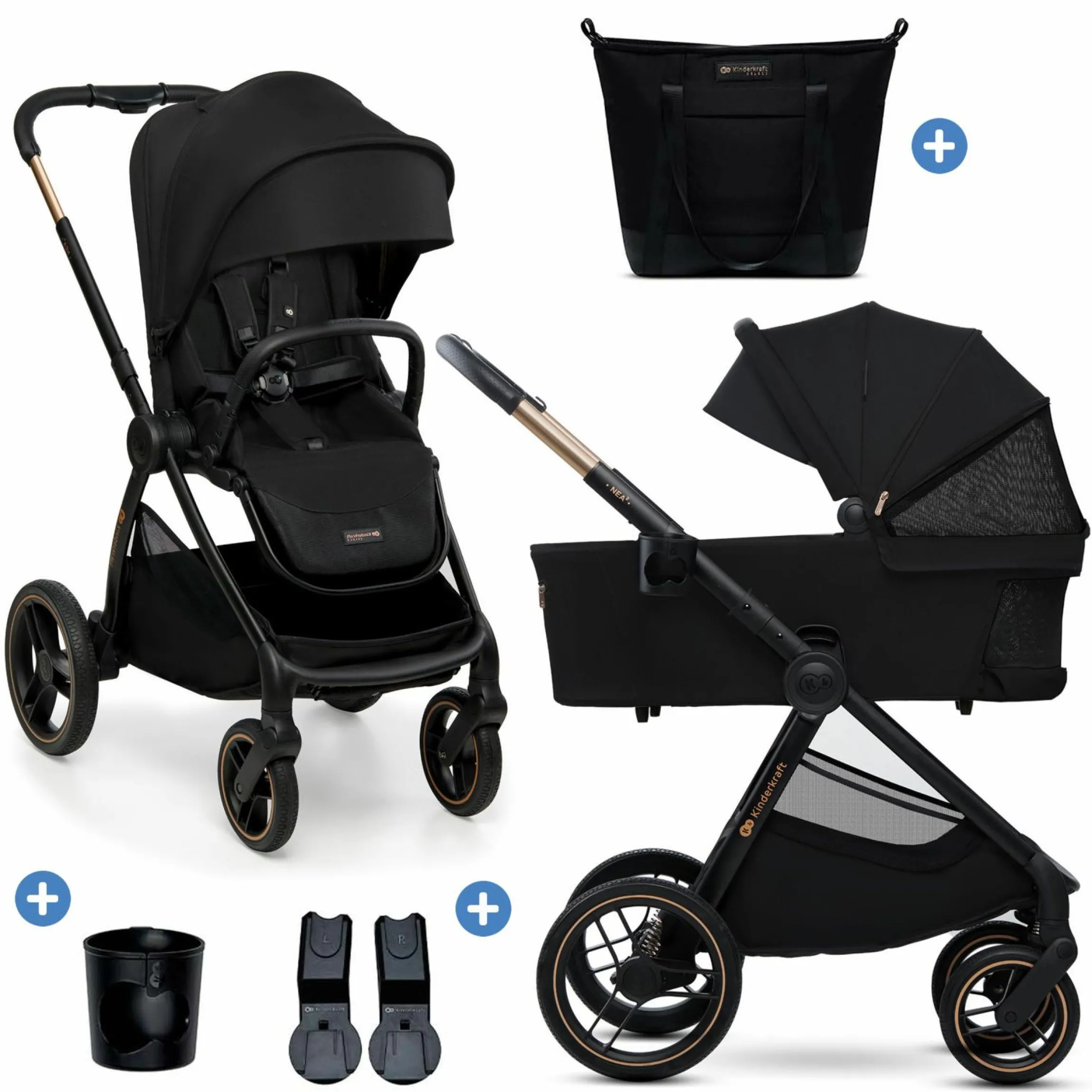 Kombi-Kinderwagen NEA 2.0 bis 22 kg mit Babywanne, Sportsitz, Teleskopschieber inkl. Getränkehalter, Wickeltasche, Adapter & Zubehör - Midnight Black