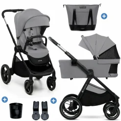 Kombi-Kinderwagen NEA 2.0 bis 22 kg mit Babywanne, Sportsitz, Teleskopschieber inkl. Getränkehalter, Wickeltasche, Adapter & Zubehör - Platinium Grey