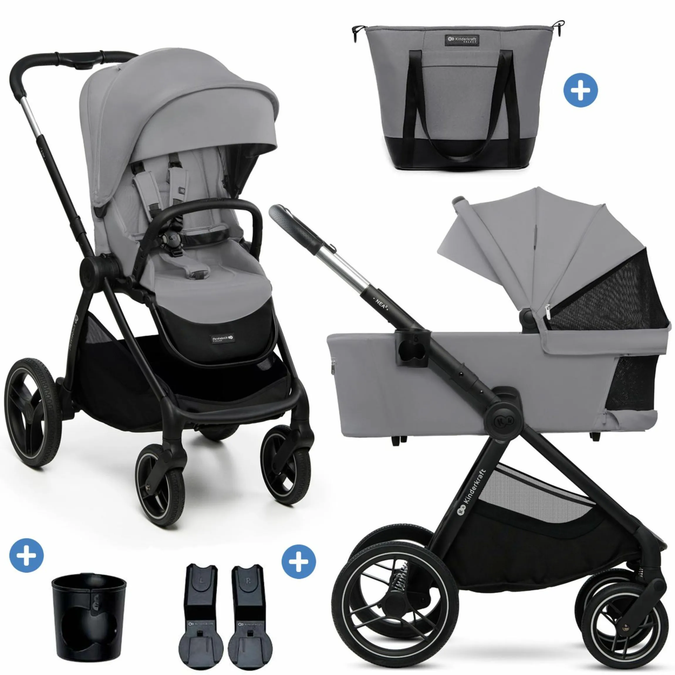 Kombi-Kinderwagen NEA 2.0 bis 22 kg mit Babywanne, Sportsitz, Teleskopschieber inkl. Getränkehalter, Wickeltasche, Adapter & Zubehör - Platinium Grey
