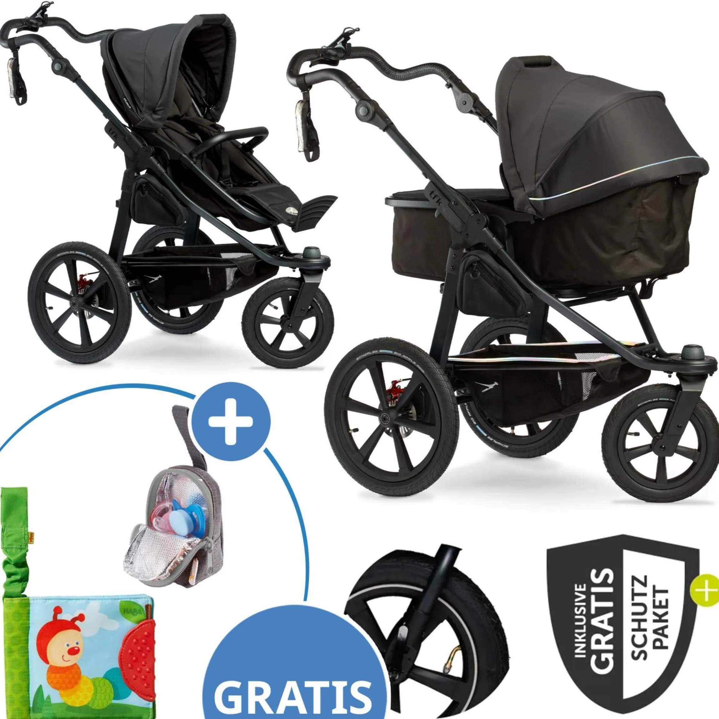 Kombi-Kinderwagen Pro mit Luftreifen inkl. Kombi-Einheit (Babywanne+Sitz) inkl. Handyhalter, Getränkeflasche & XXL Zubehörpaket - Anthrazit
