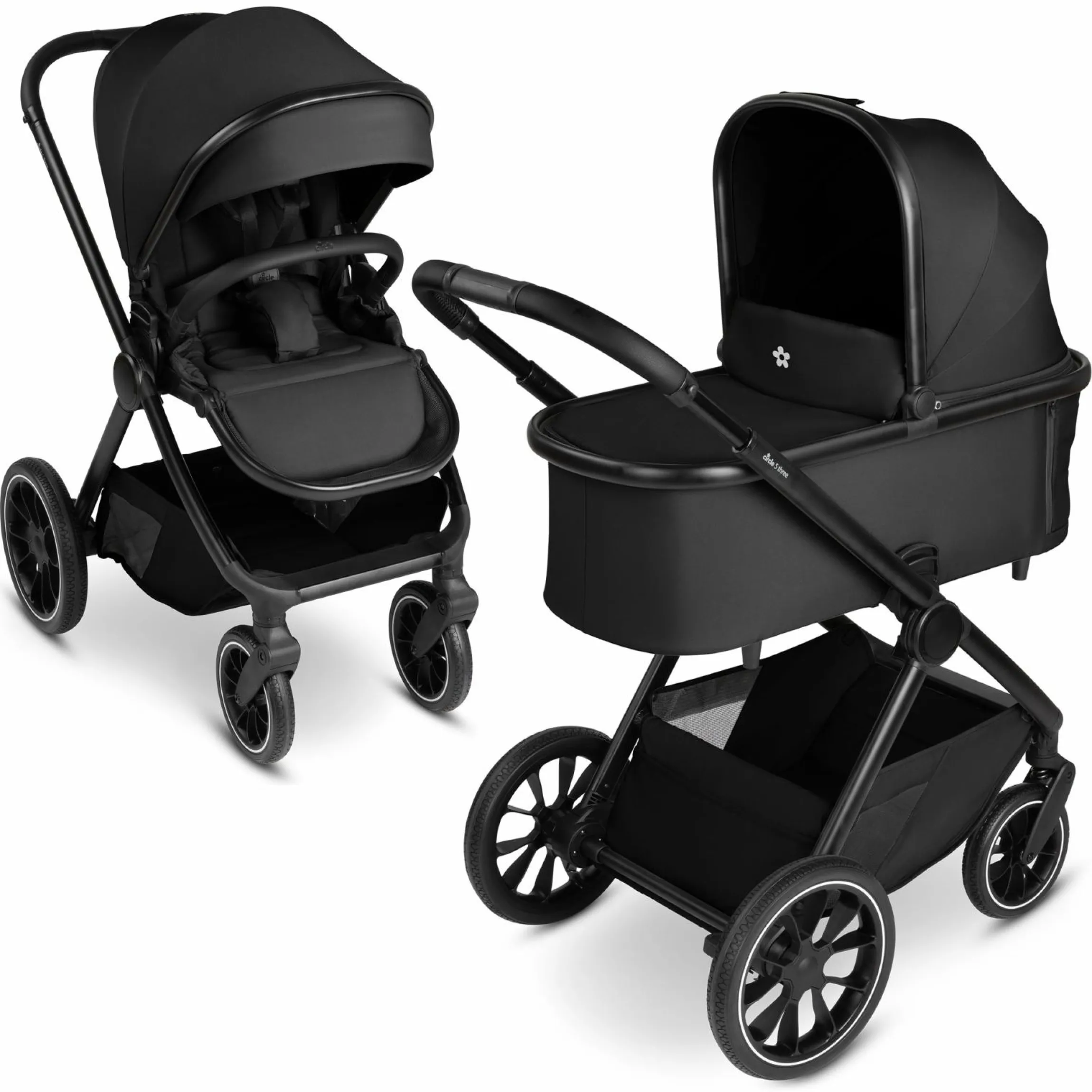 Kombi-Kinderwagen S Three bis 22 kg mit Babywanne, Sportsitz, Teleskopschieber & Adapter - Black