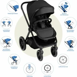 Kombi-Kinderwagen S Three bis 22 kg mit Babywanne, Sportsitz, Teleskopschieber & Adapter - Black