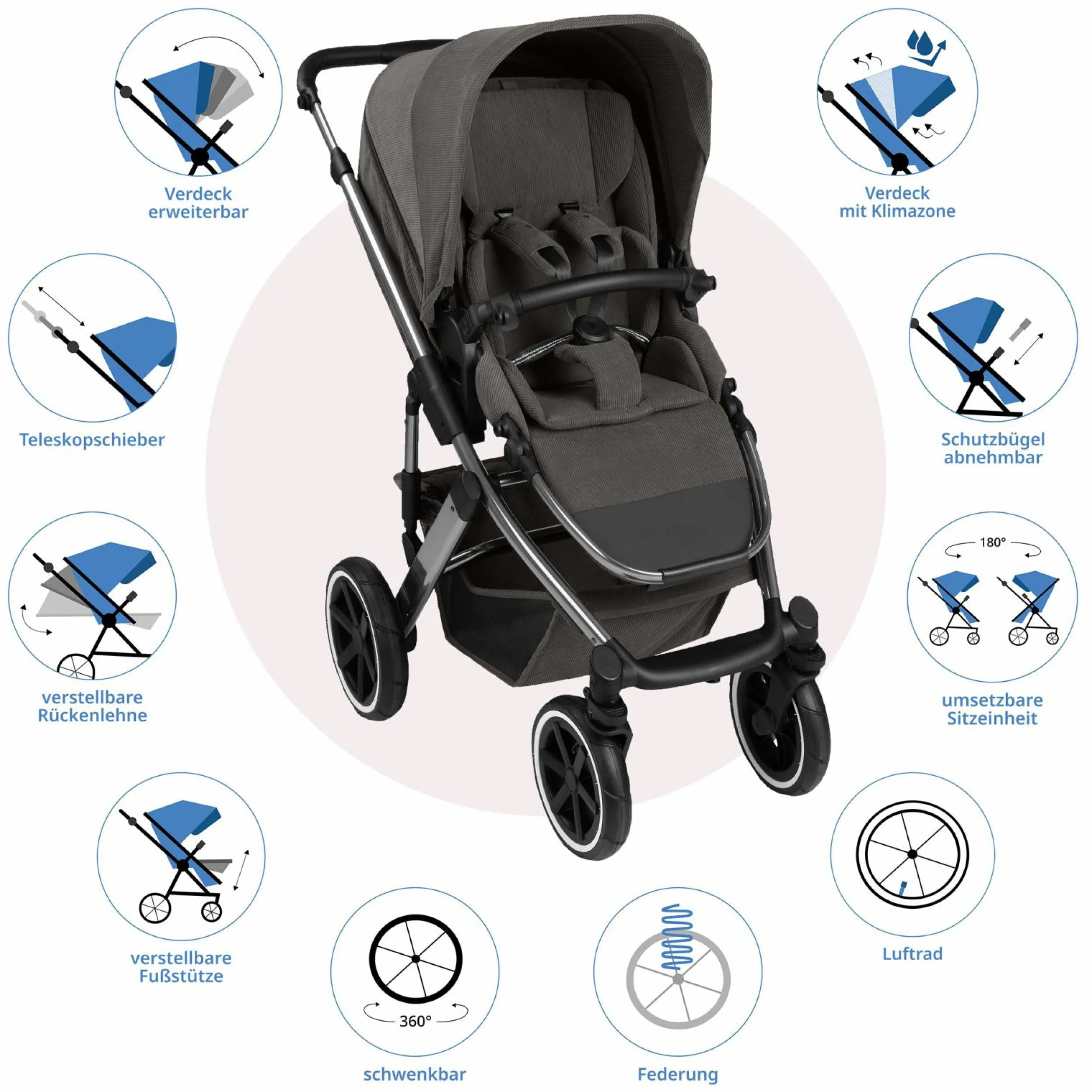 Kombi-Kinderwagen Salsa 5 Air inkl. Babywanne & Sportsitz mit XXL-Zubehörpaket - Almond - Kollektion 2025