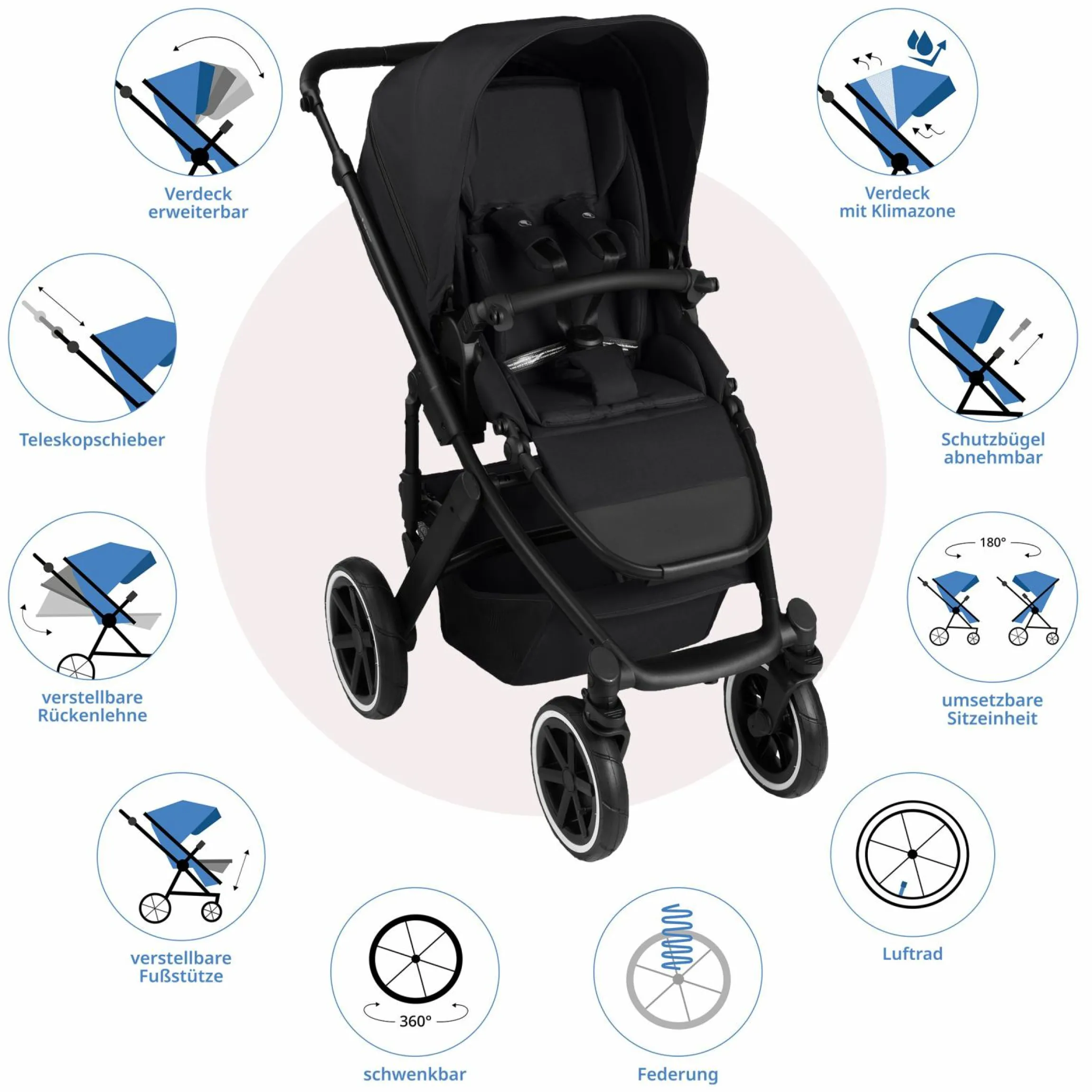 Kombi-Kinderwagen Salsa 5 Air inkl. Babywanne & Sportsitz mit XXL-Zubehörpaket - Pure - Coal - Kollektion 2025