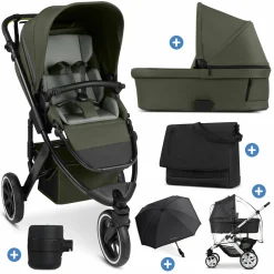 Kombi-Kinderwagen Salsa 5 Run - inkl. Babywanne, Sportsitz, Wickeltasche, Regenschutz, Becherhalter & Sonnenschirm - Pure - Avocado