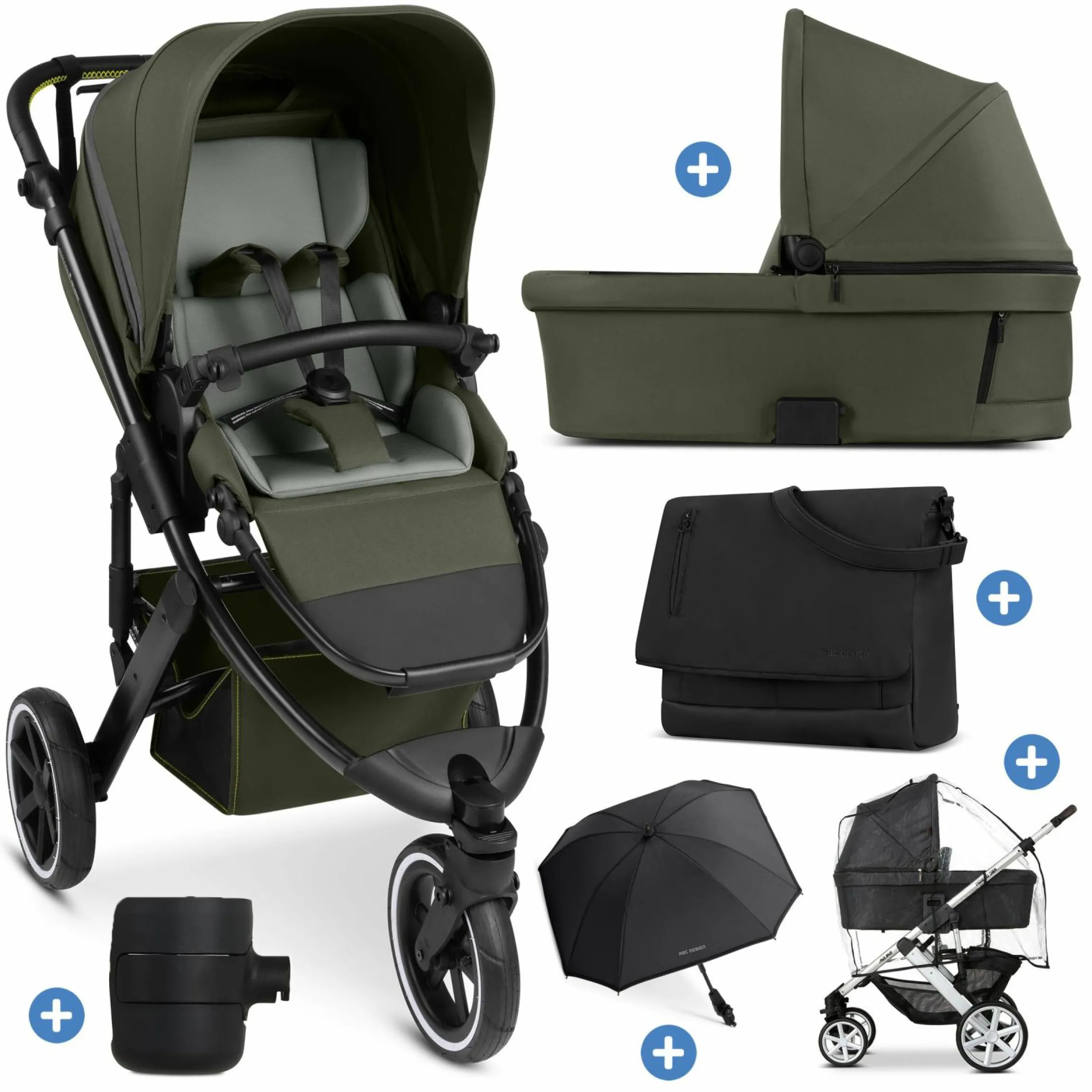 Kombi-Kinderwagen Salsa 5 Run - inkl. Babywanne, Sportsitz, Wickeltasche, Regenschutz, Becherhalter & Sonnenschirm - Pure - Avocado