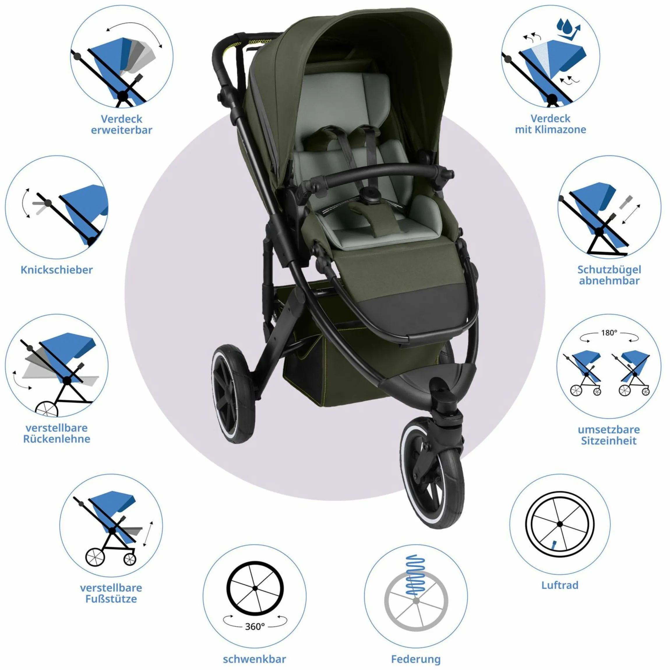 Kombi-Kinderwagen Salsa 5 Run - inkl. Babywanne, Sportsitz, Wickeltasche, Regenschutz, Becherhalter & Sonnenschirm - Pure - Avocado