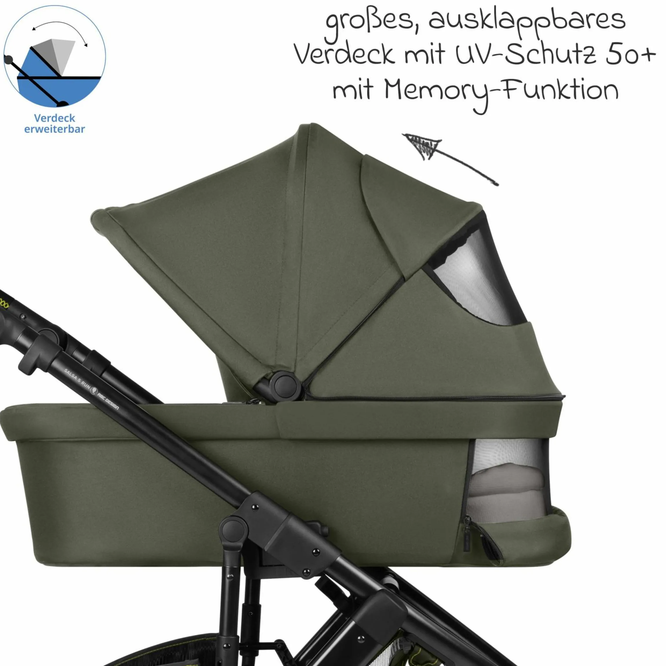 Kombi-Kinderwagen Salsa 5 Run - inkl. Babywanne, Sportsitz, Sportzulassung, Luftbereifung, Sitzeinlage & Handbremse inkl. XXL-Zubehörpaket - Pure - Avocado - Kollektion 2025