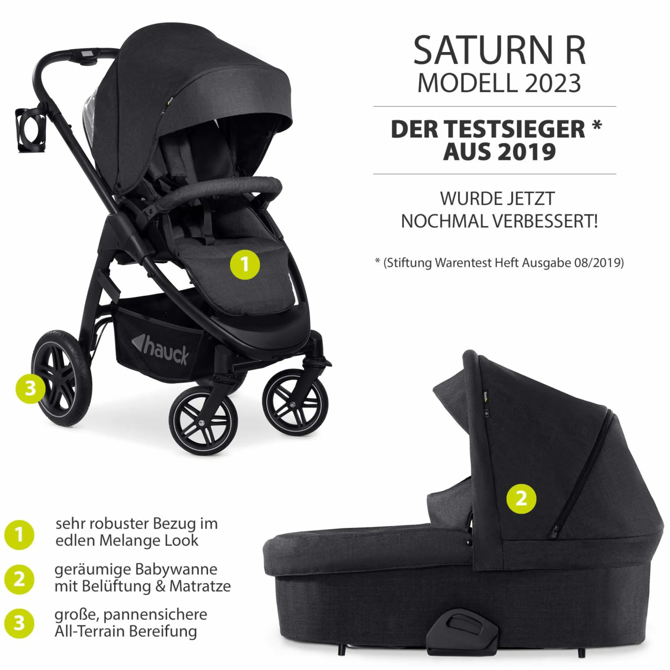 Kombi-Kinderwagen Saturn R Duoset inkl. Babywanne und Sportsitz (bis 25 kg belastbar) - Melange Black