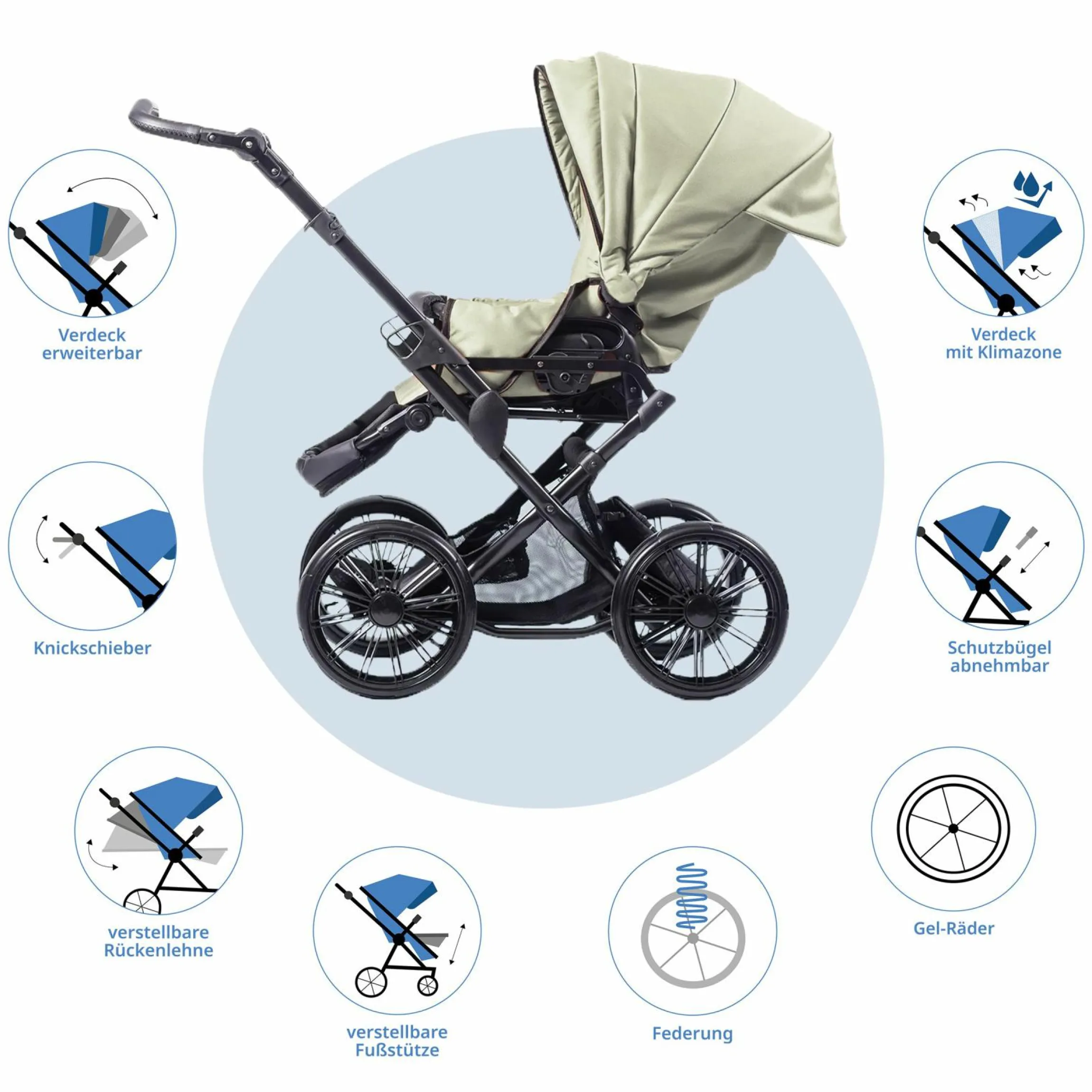 Kombi-Kinderwagen Touring Max bis 15 kg mit Babywanne, umsetzbare Sitzeinheit, Knickschieber inkl. Wickeltasche, Insektenschutz & Regenschutz - Green
