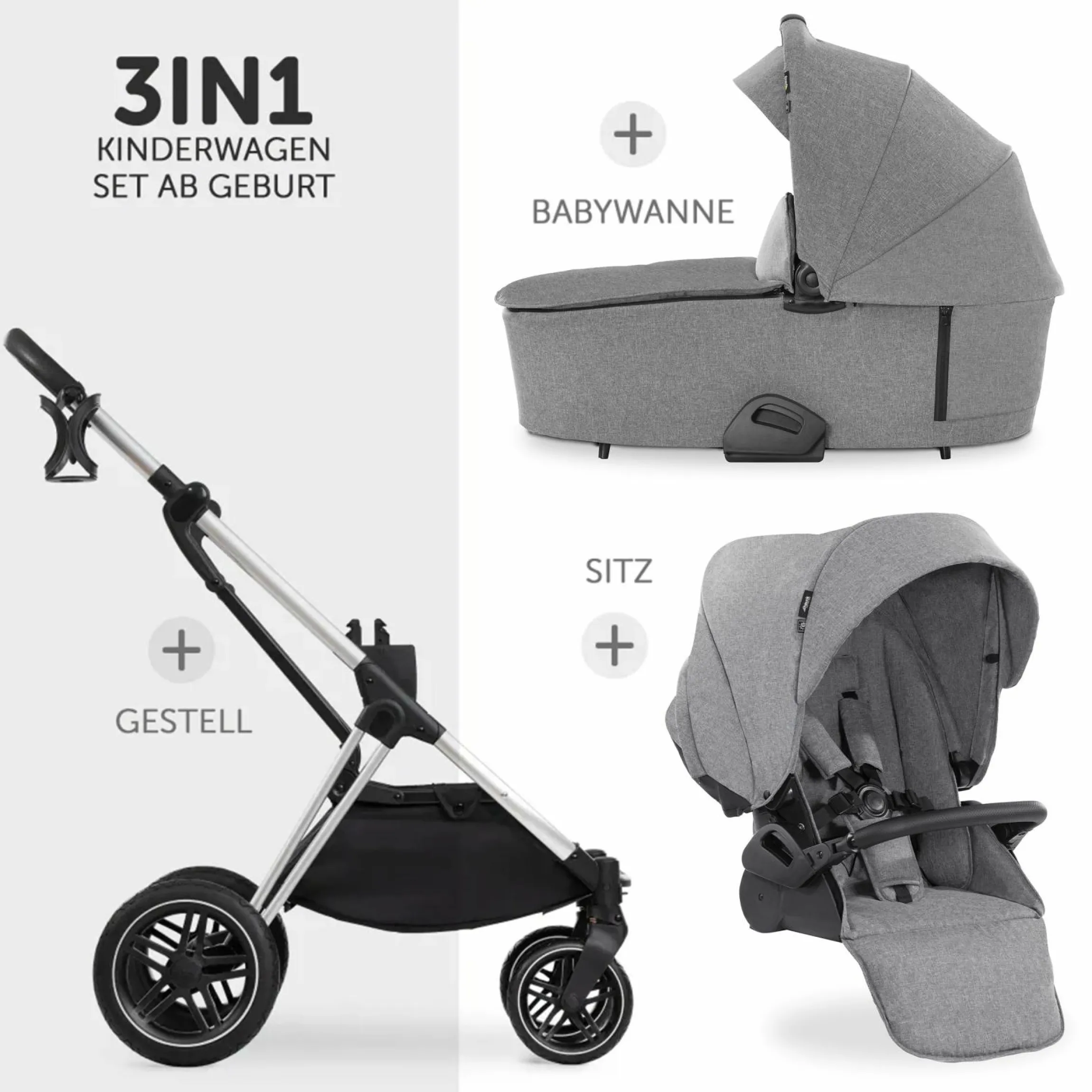 Kombi-Kinderwagen Vision X Duoset Silver (Sportwagen & Babywanne) inkl. XXL Zubehörpaket - Melange Grey
