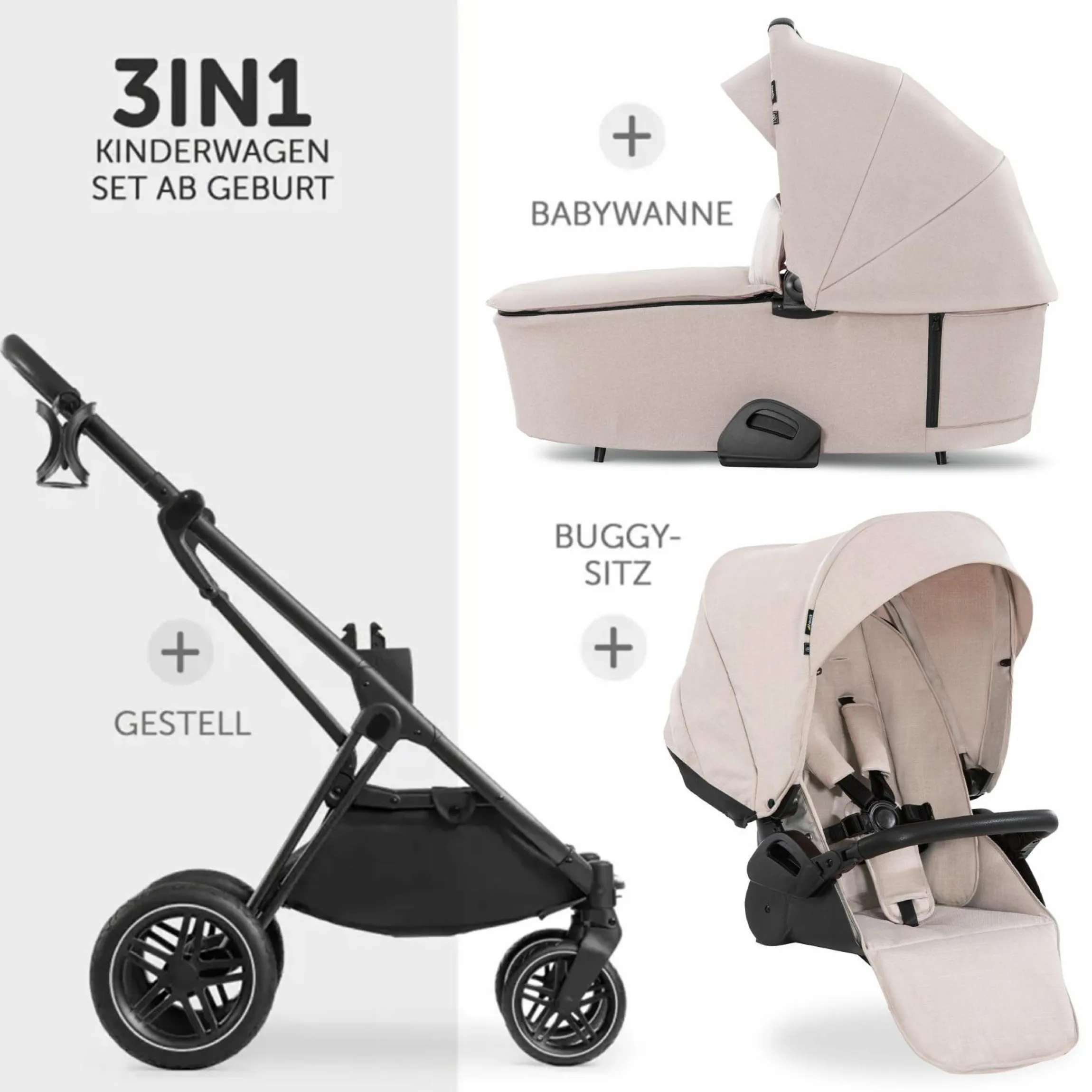 Kombi-Kinderwagen Vision X Duoset Black (Sportwagen & Babywanne) inkl. XXL Zubehörpaket - Melange Beige