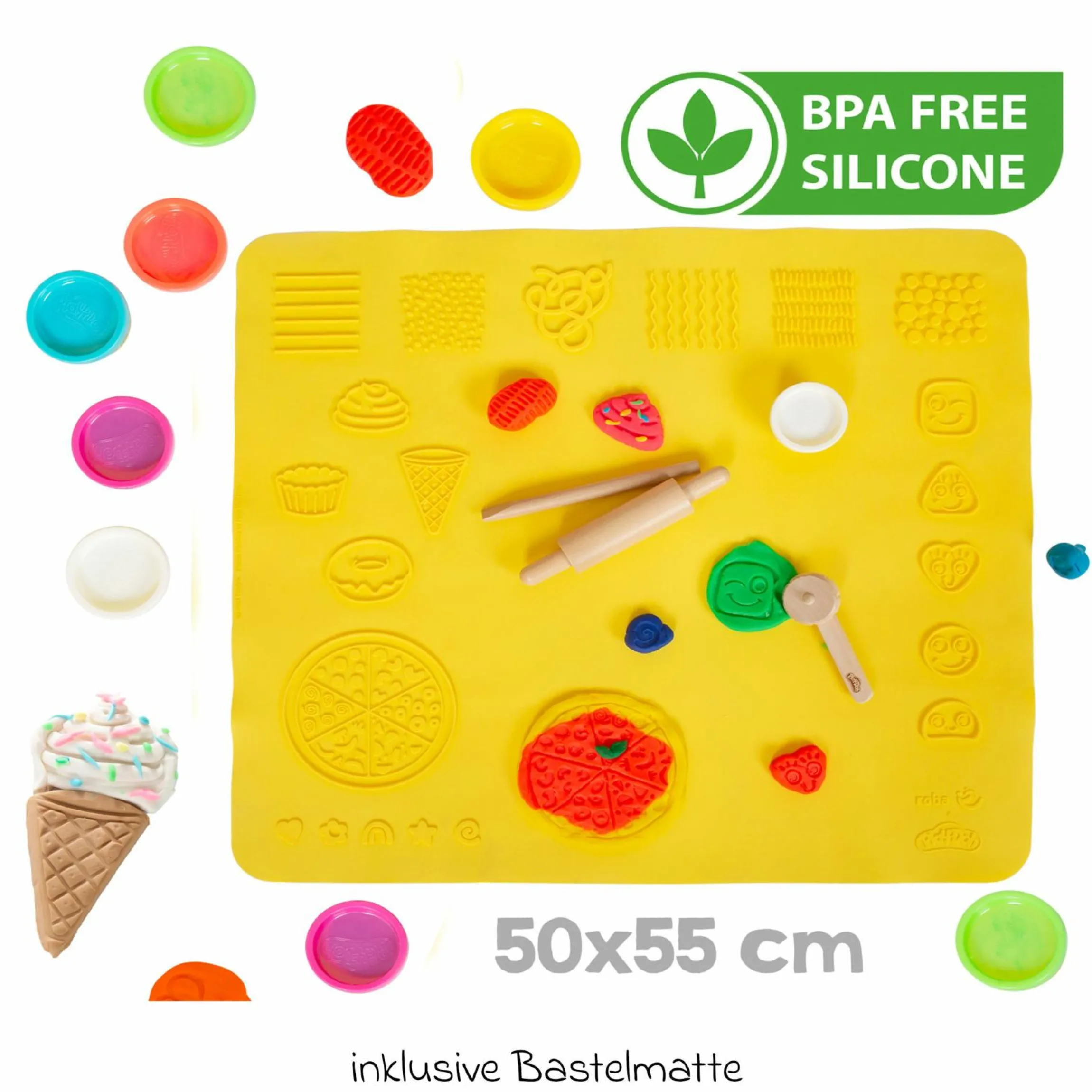 Kreatives Sitzgruppen-Set Roba + Play-Doh mit Bastelmatte 50 x 55 cm, Tisch, Stuhl, 6 Dosen Knetmasse, Teigrolle, Pizzaschneider & Modelierwerkzeug - Kollektion 2025