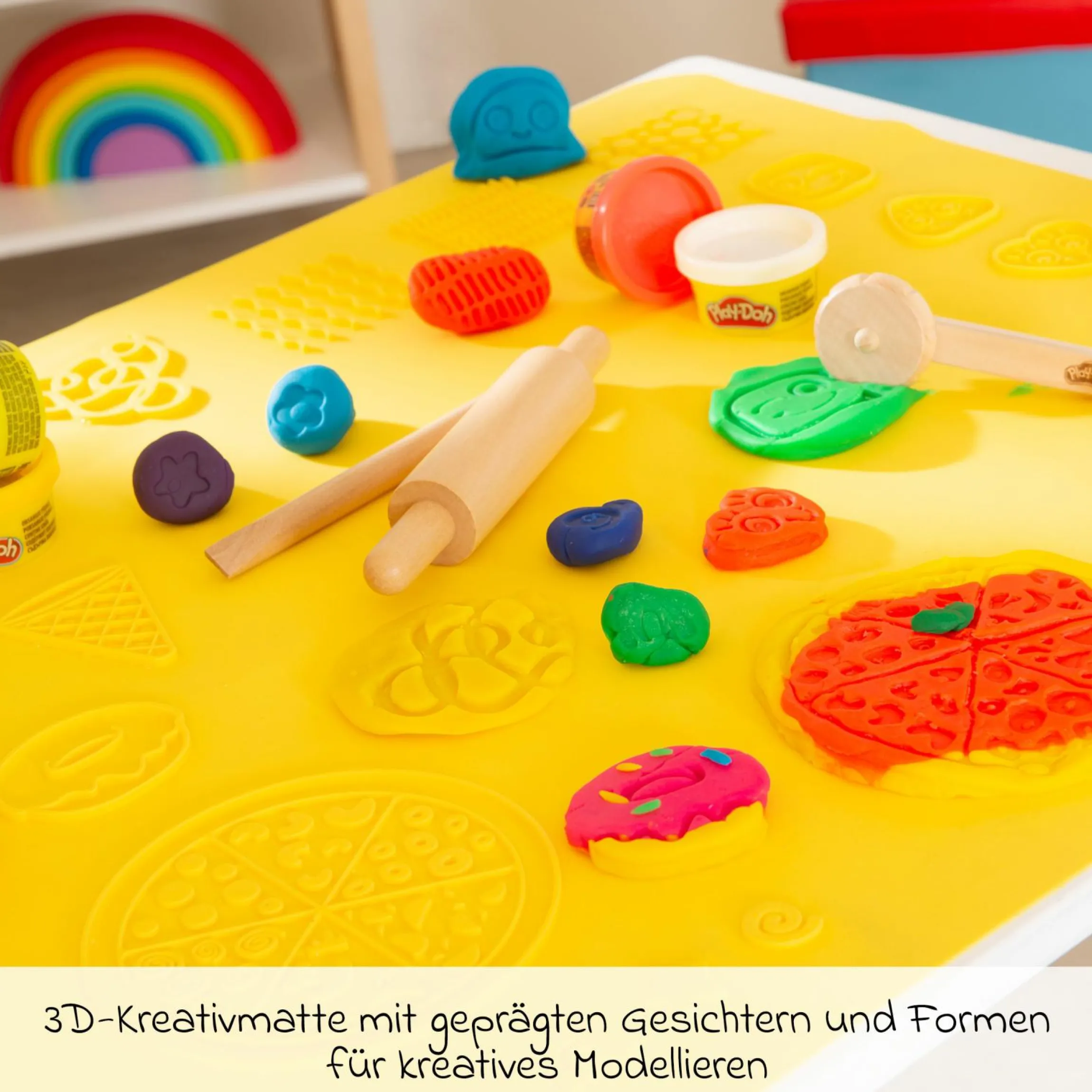 Kreatives Sitzgruppen-Set Roba + Play-Doh mit Bastelmatte 50 x 55 cm, Tisch, Stuhl, 6 Dosen Knetmasse, Teigrolle, Pizzaschneider & Modelierwerkzeug - Kollektion 2025