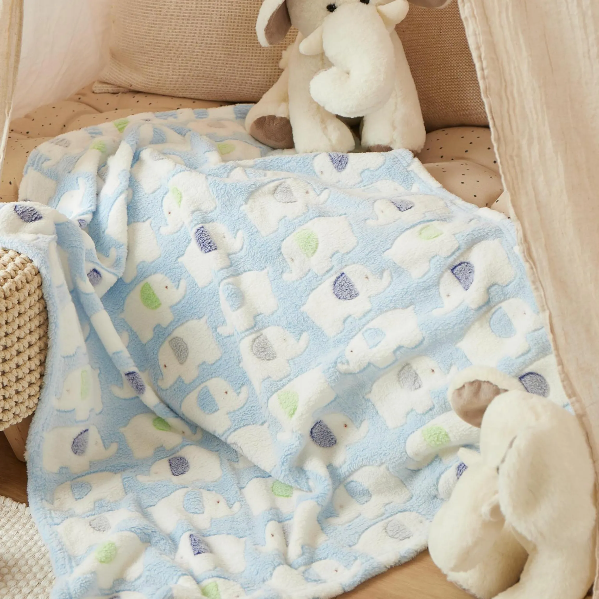 Kuscheldecke Flausch 75 x 90 cm - Elefanten Blau