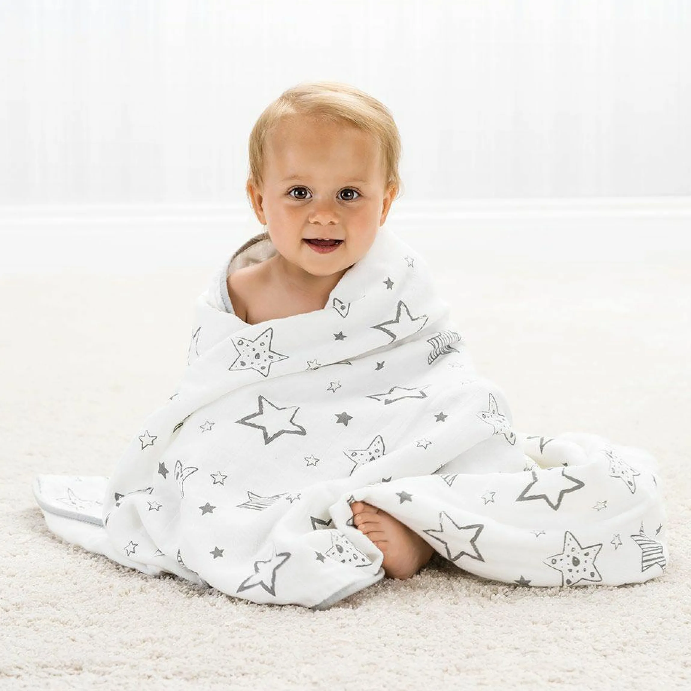 Kuscheldecke Mull 4-lagig 120 x 120 cm - Crazy Stars - Grau Weiß