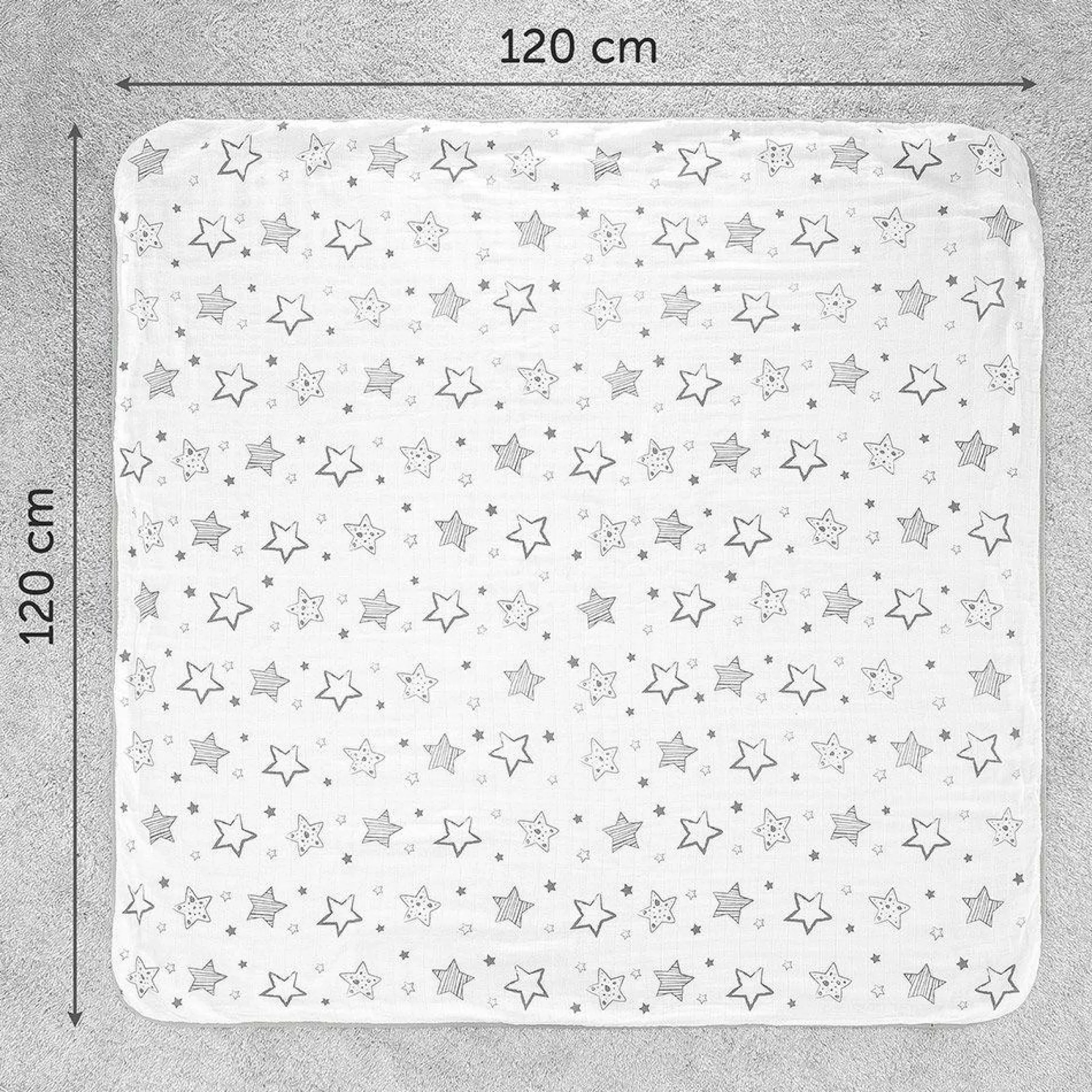 Kuscheldecke Mull 4-lagig 120 x 120 cm - Crazy Stars - Grau Weiß