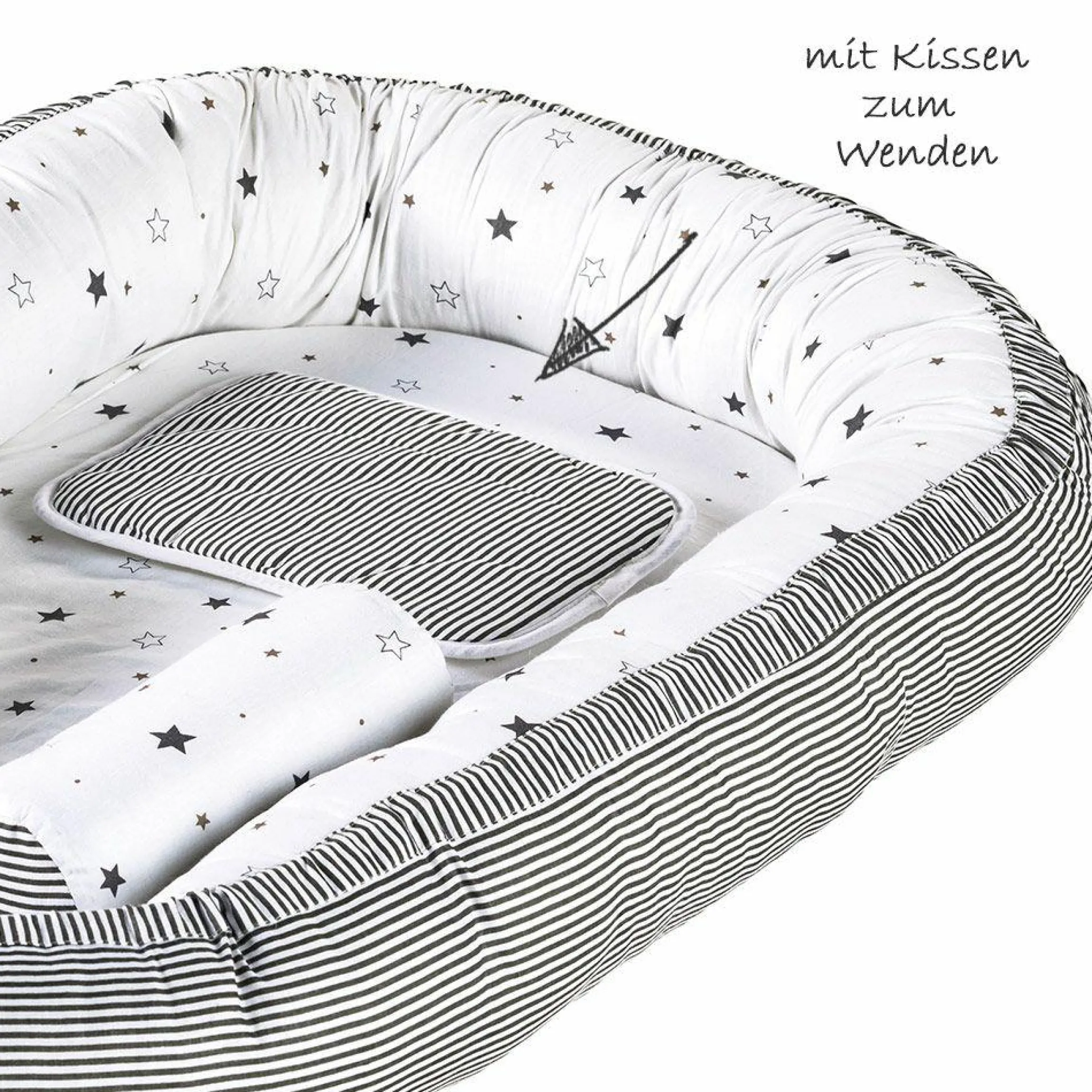 Kuschelnestchen inkl. Lagerungskissen und Kopfkissen Exklusiv 90 x 50 - Sternchen - Grau