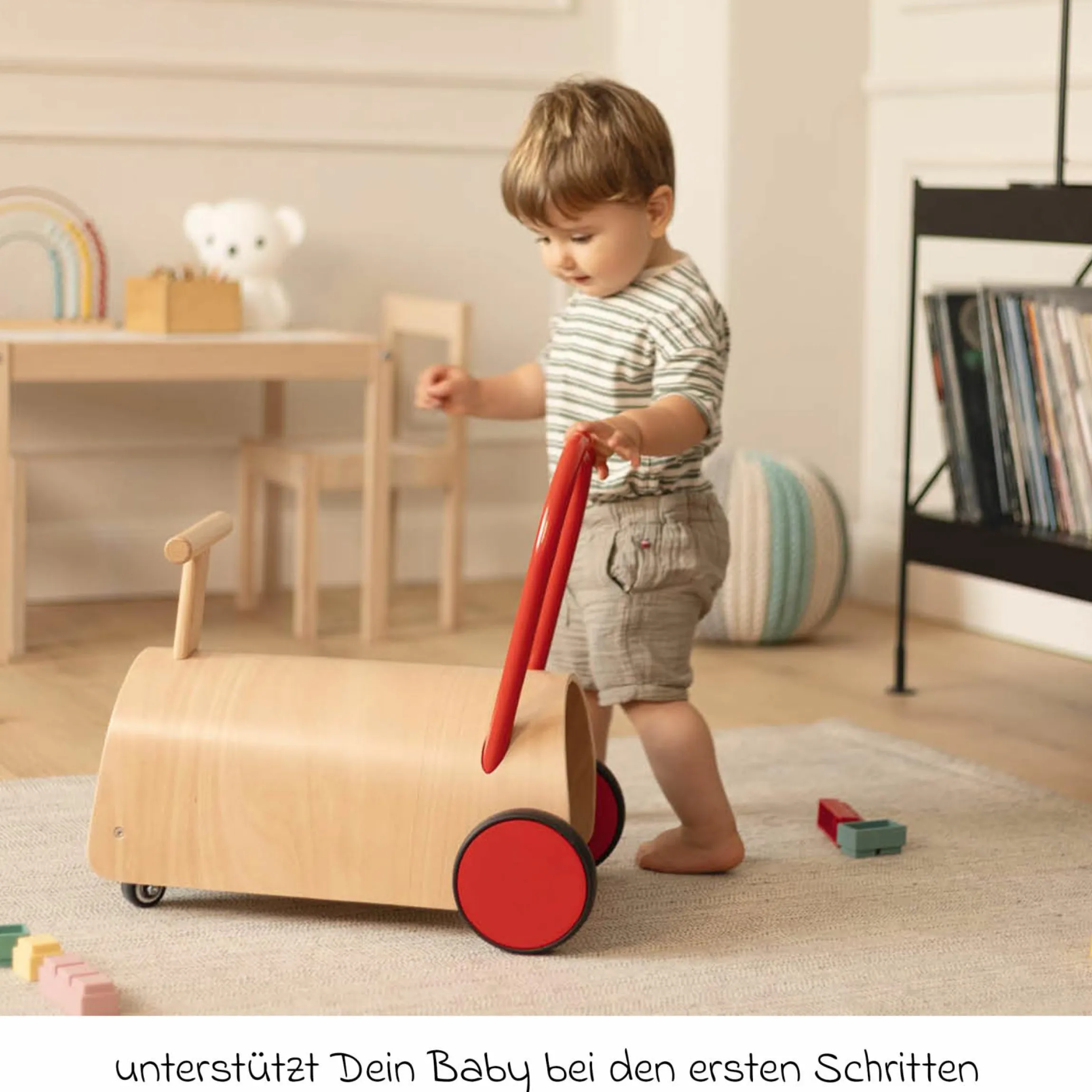 Lauflernwagen und Rutscher Enzo ab 12 Monate mit gummierten Holzräder & Schwenkrollen - Natur Rot