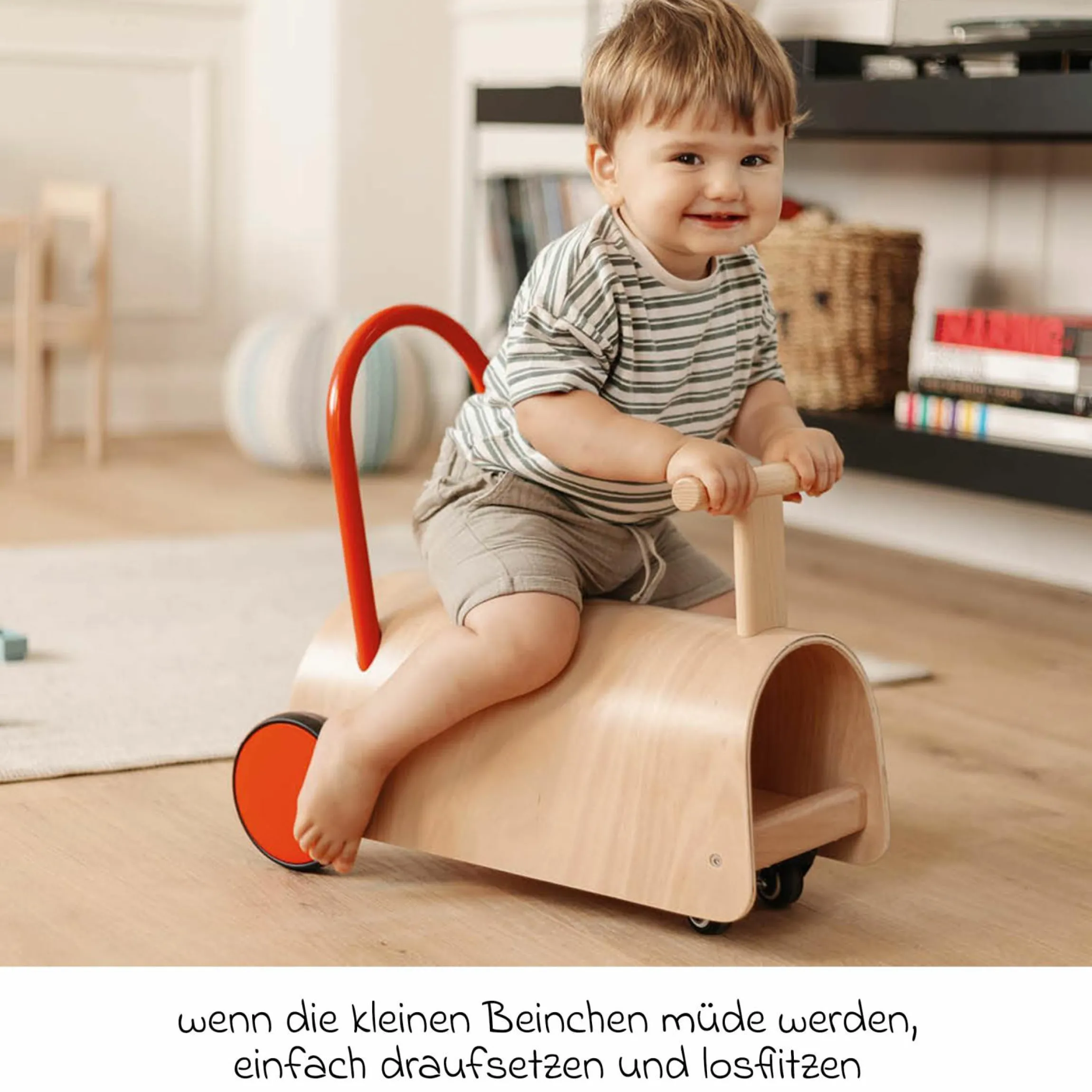 Lauflernwagen und Rutscher Enzo ab 12 Monate mit gummierten Holzräder & Schwenkrollen - Natur Rot