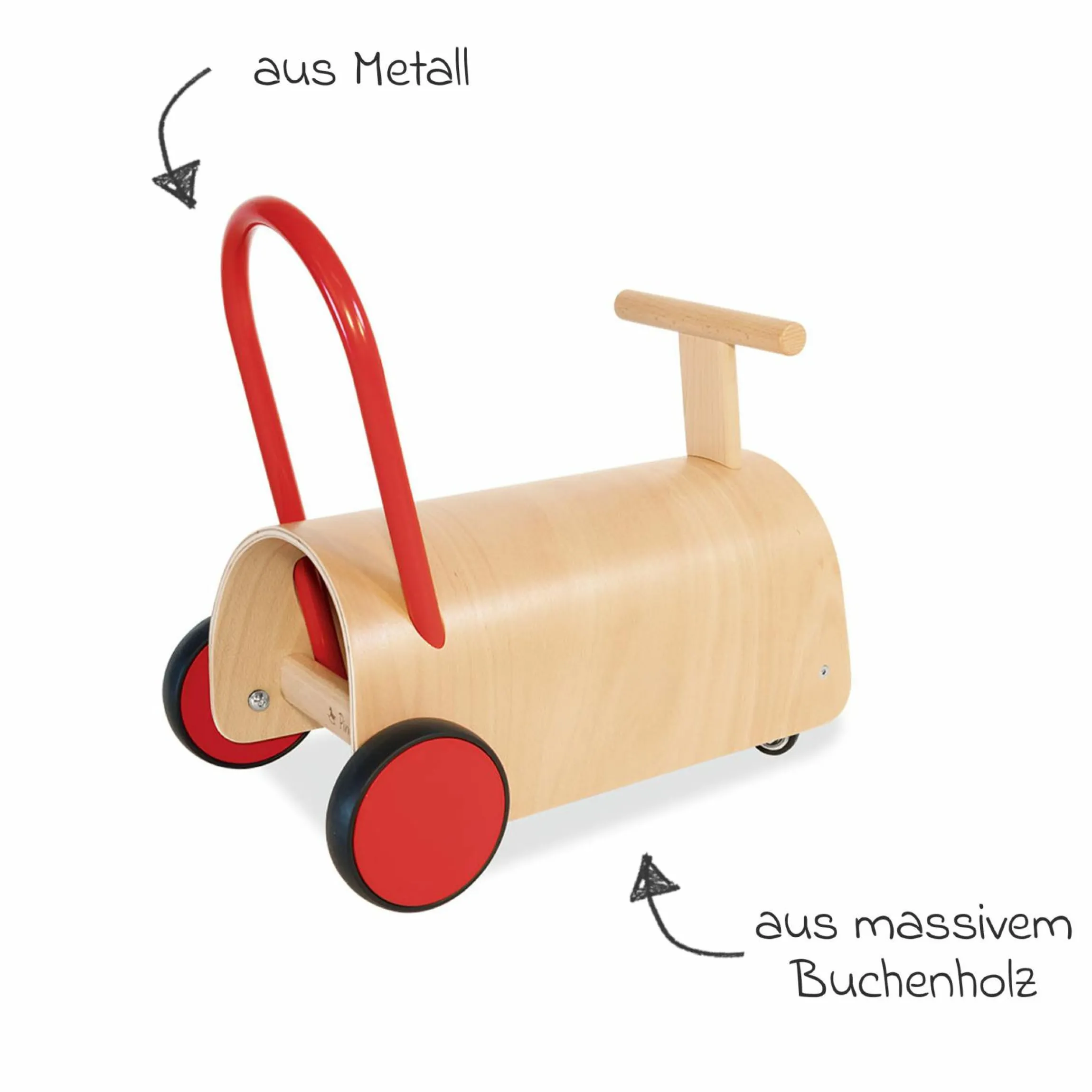Lauflernwagen und Rutscher Enzo ab 12 Monate mit gummierten Holzräder & Schwenkrollen - Natur Rot