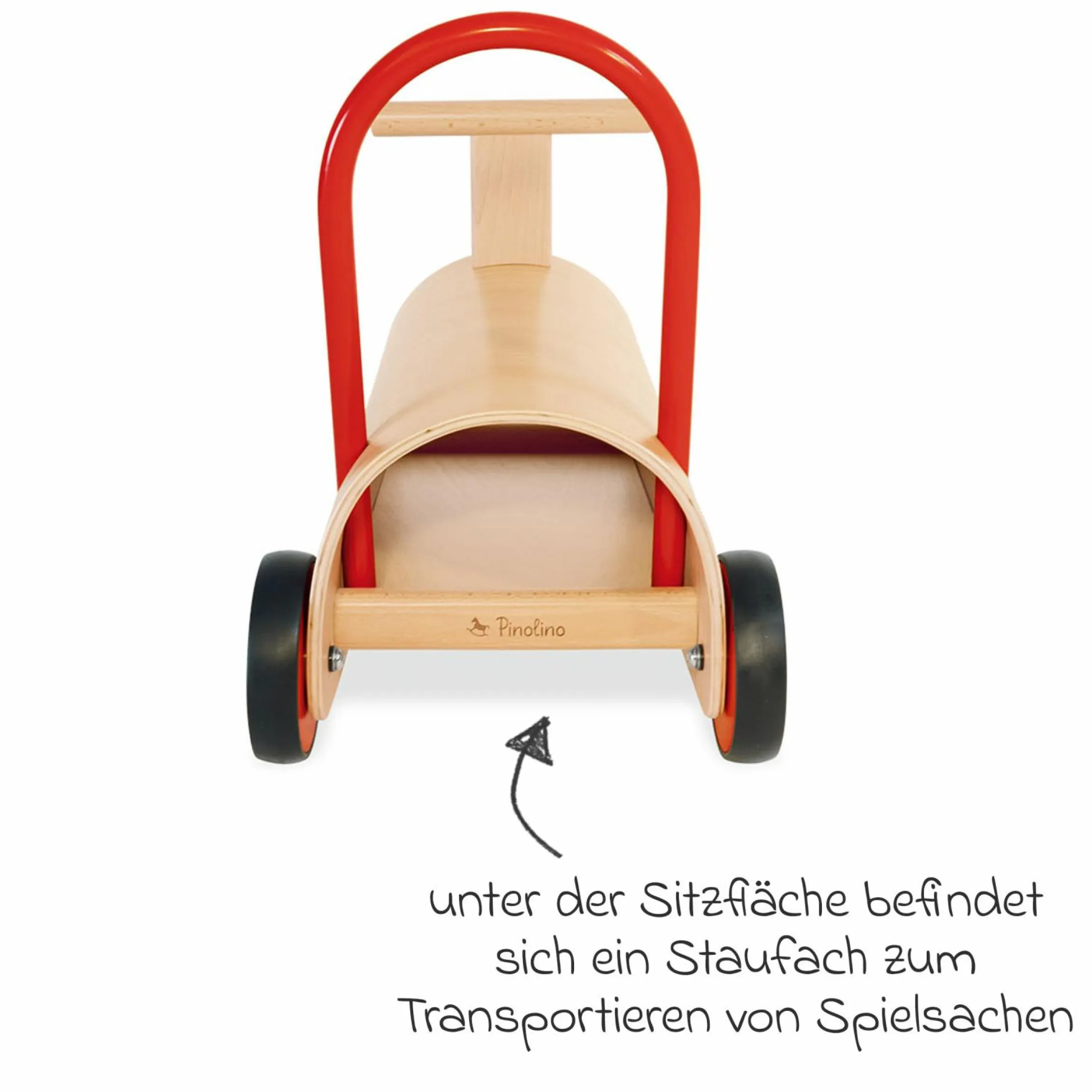 Lauflernwagen und Rutscher Enzo ab 12 Monate mit gummierten Holzräder & Schwenkrollen - Natur Rot