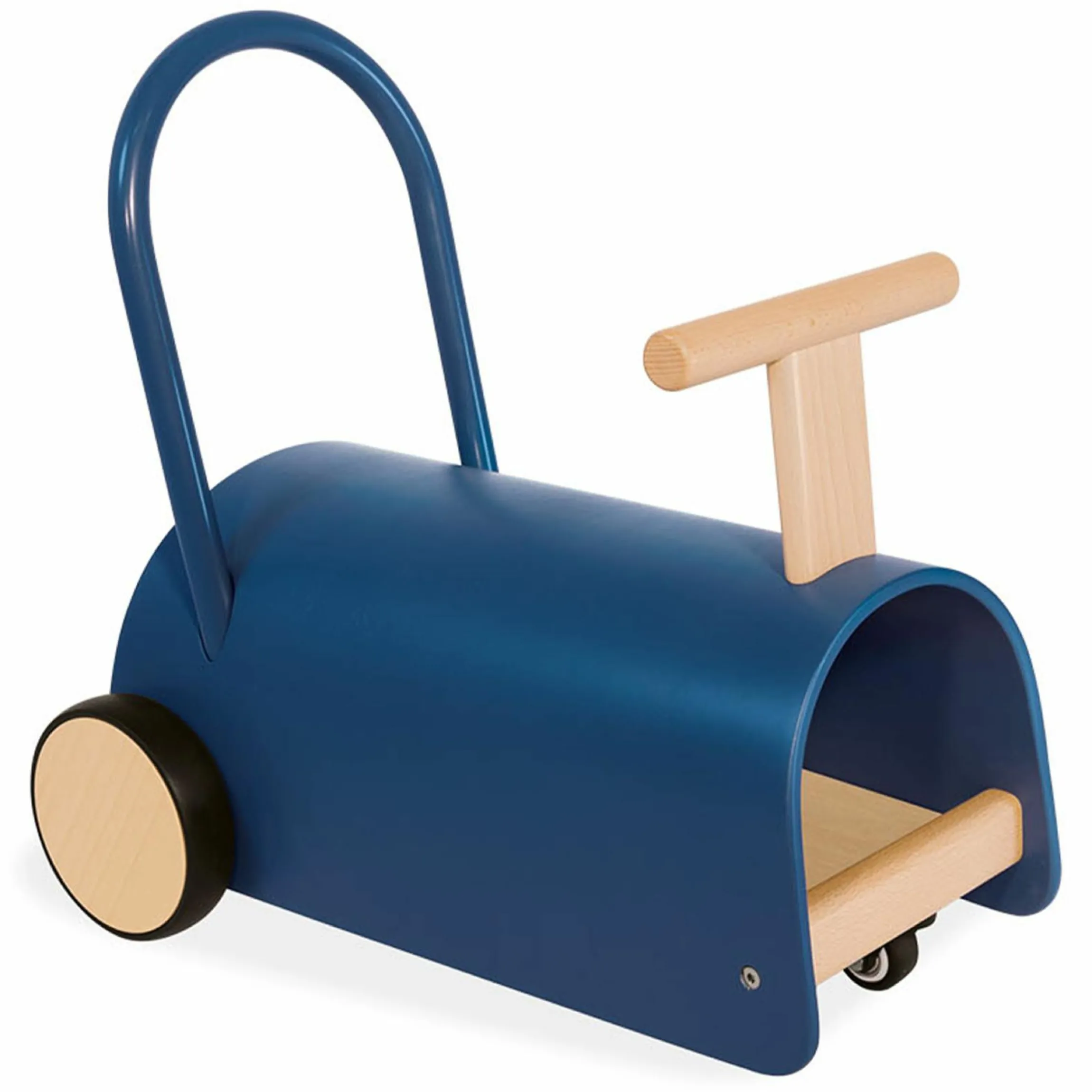 Lauflernwagen und Rutscher Enzo ab 12 Monate mit gummierten Holzräder & Schwenkrollen - Blau