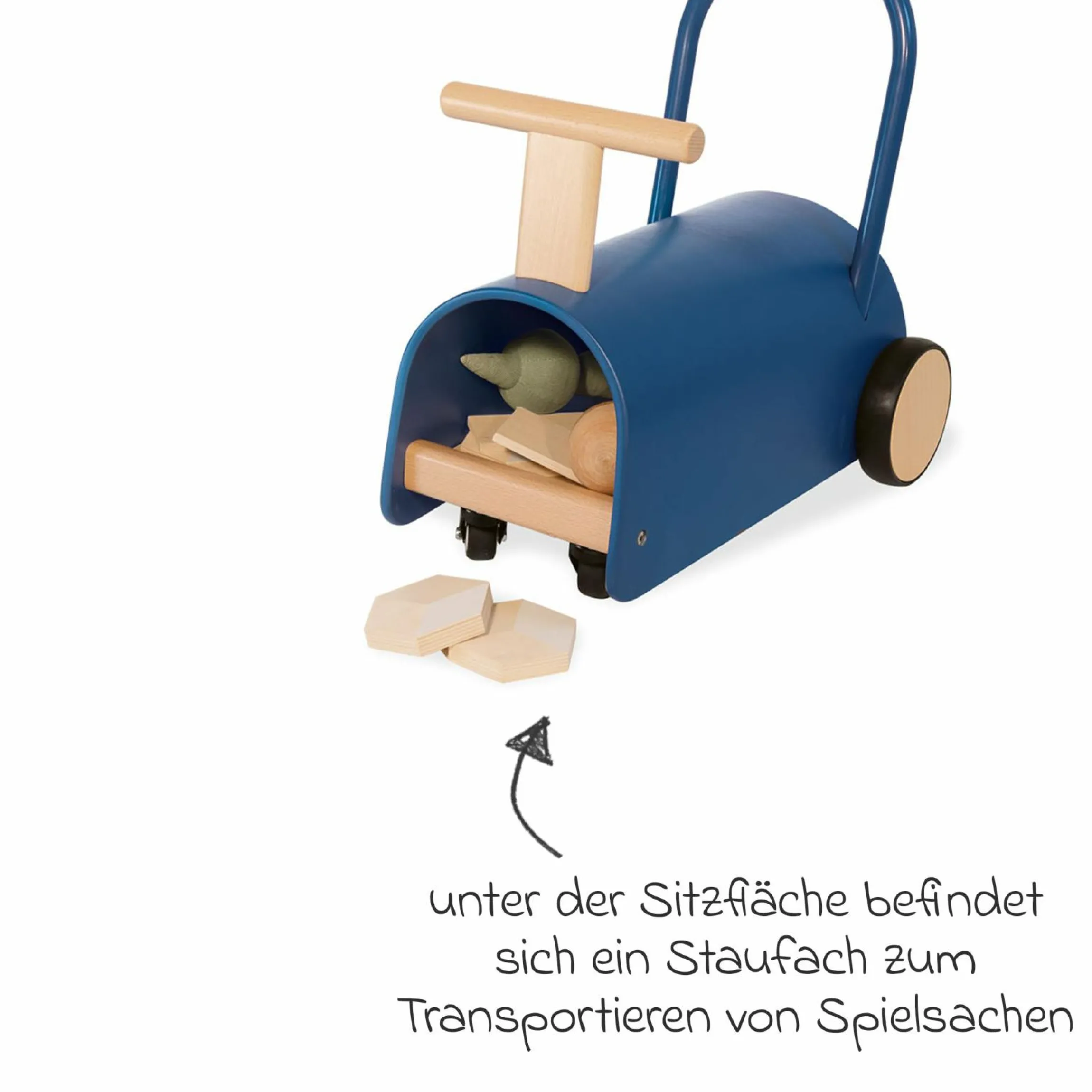 Lauflernwagen und Rutscher Enzo ab 12 Monate mit gummierten Holzräder & Schwenkrollen - Blau