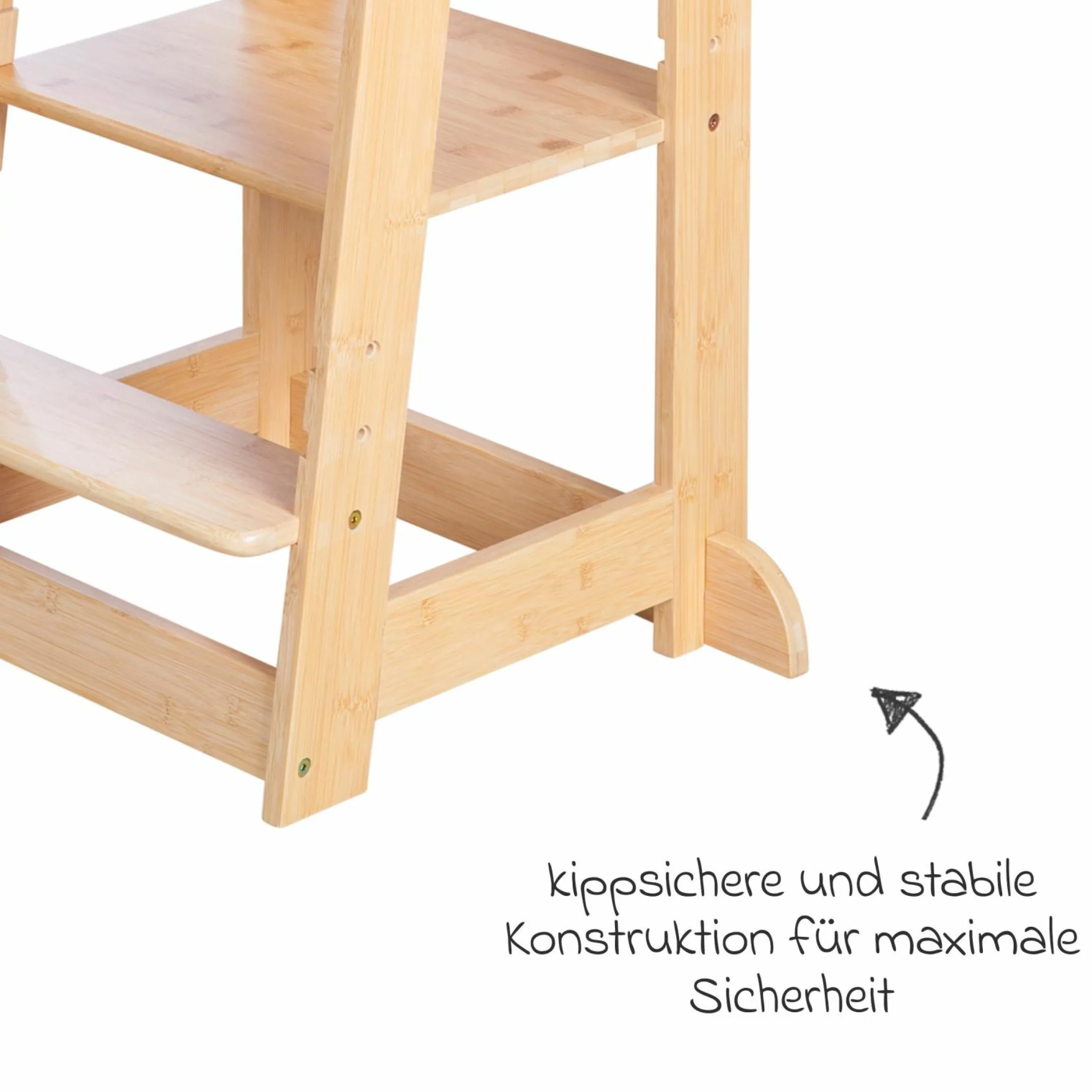 Lernturm aus 100% Bambus mitwachsend mit 3-fach höhenverstellbarem Stand- und Fußbrett - Montessori - Braun