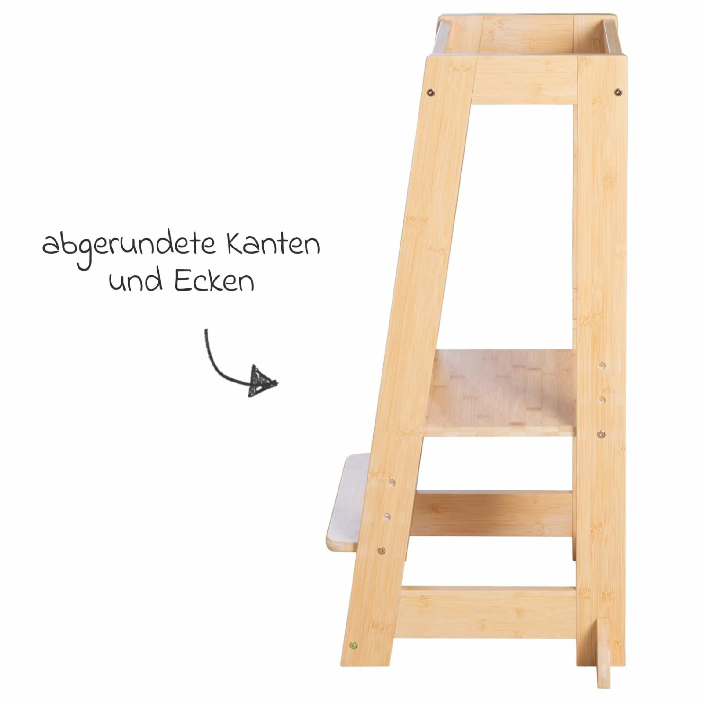 Lernturm aus 100% Bambus mitwachsend mit 3-fach höhenverstellbarem Stand- und Fußbrett - Montessori - Braun