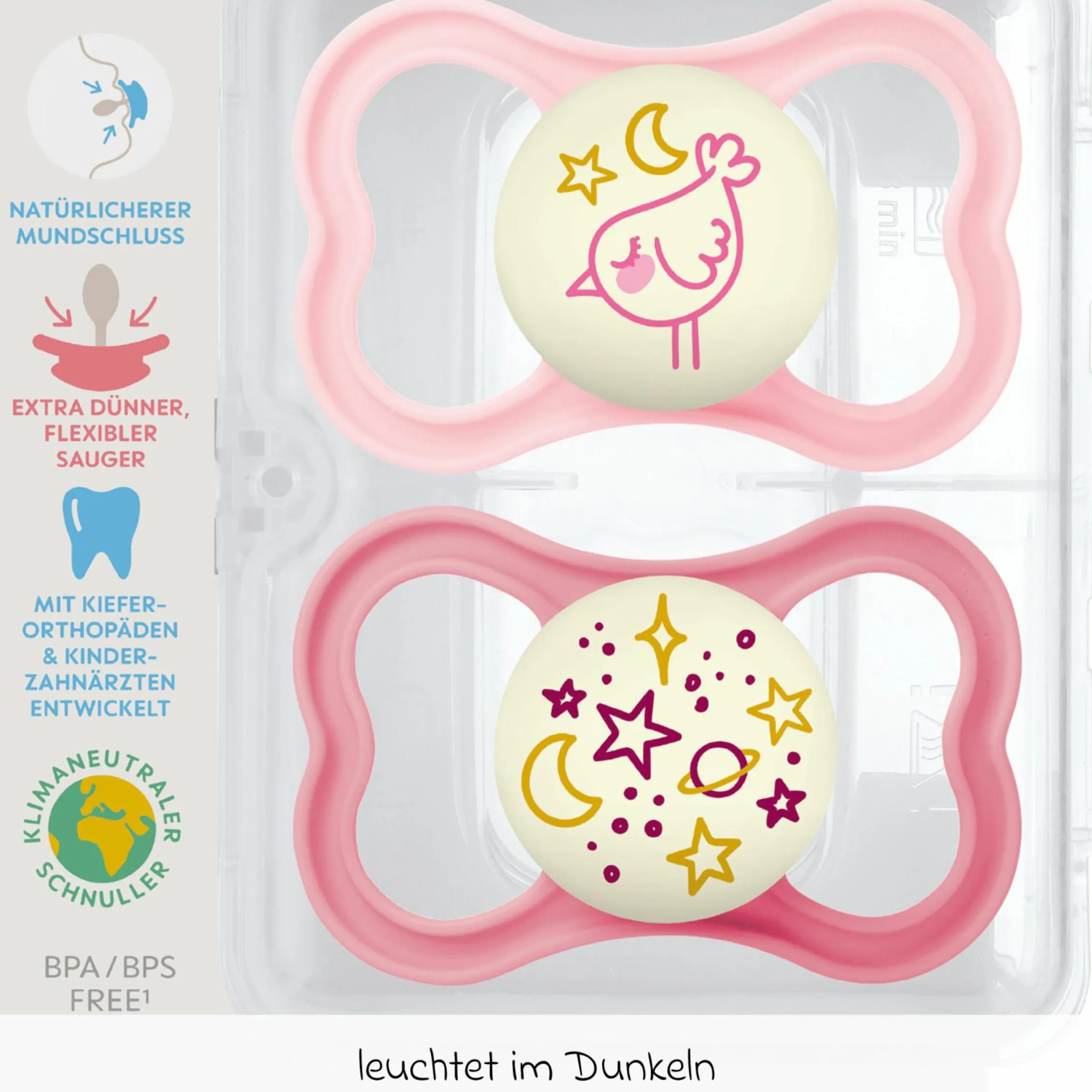 Leucht-Schnuller 2er Pack Supreme Night - Silikon 6-16 M - Rosa