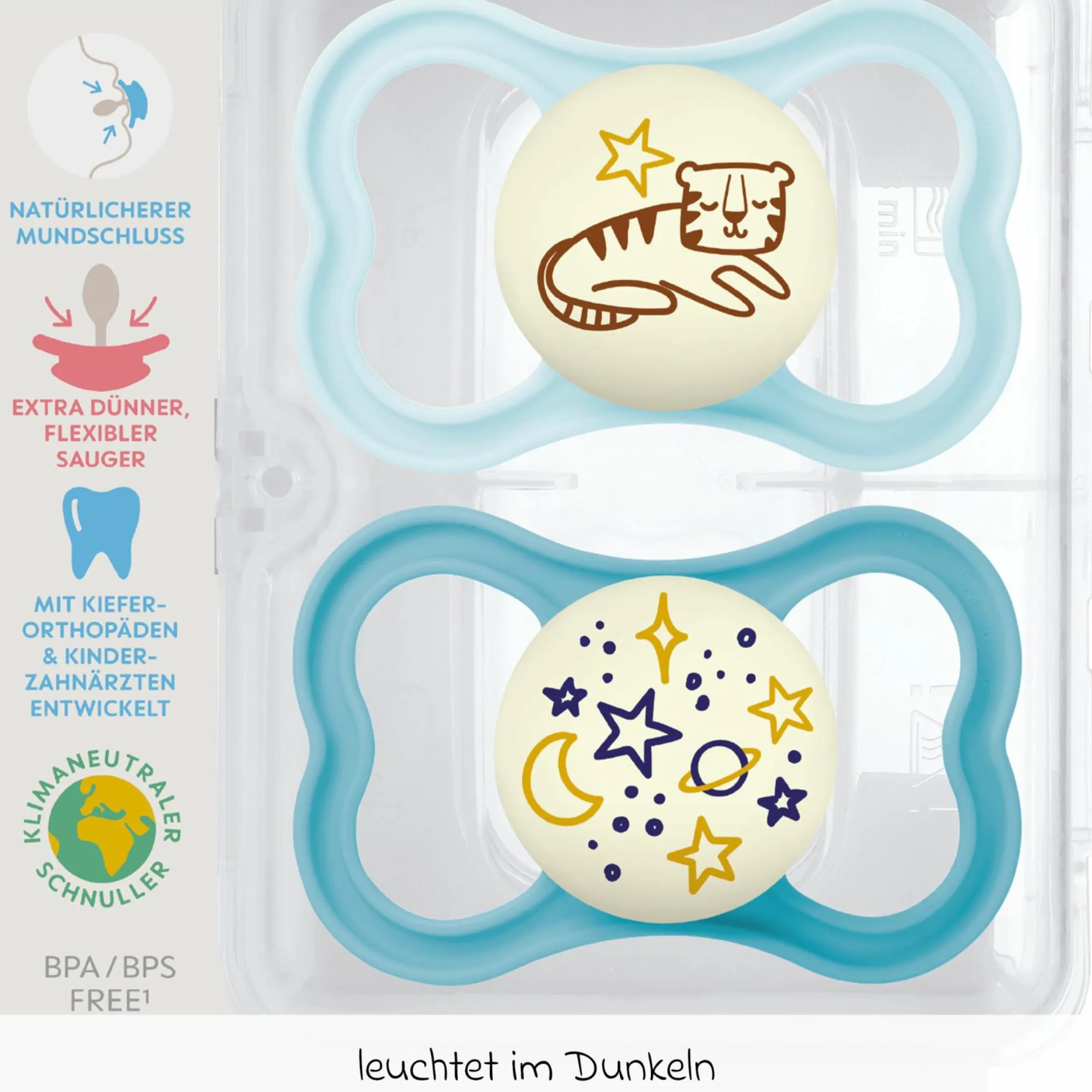 Leucht-Schnuller 2er Pack Supreme Night - Silikon 6-16 M - Blau
